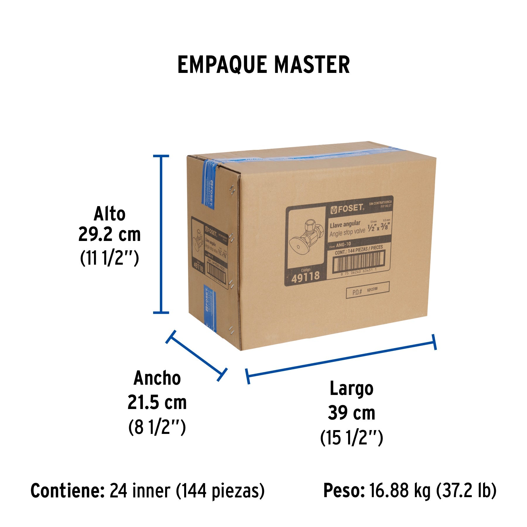 Llave angular 1/2 x 3/8", multivuelta, barrilito, FOSET - Empaque