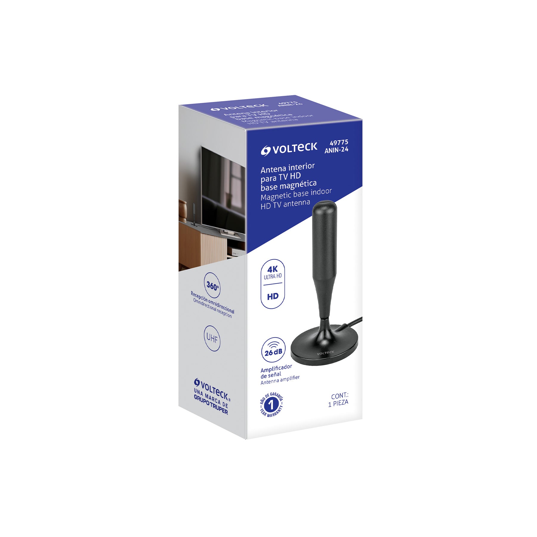 Antena interior para TV HD, base magnética, 26 dB VOLTECK