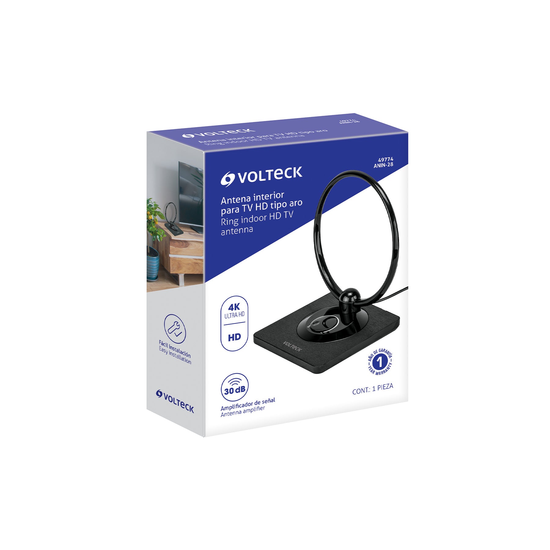 Antena interior para TV HD, tipo aro, 30 dB, VOLTECK