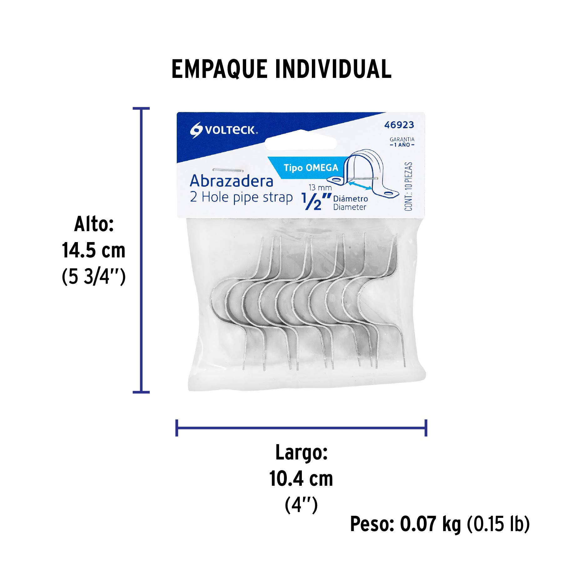 Bolsa c/10 abrazaderas tipo omega 1/2" p/tubo pared delgada - Empaque