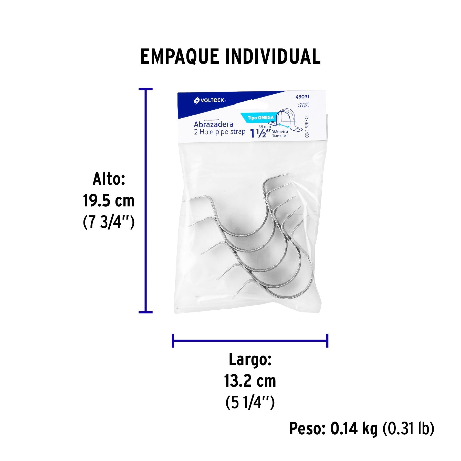 Bolsa c/5 abrazaderas tipo omega 1-1/2" p/tubo pared delgada - Empaque