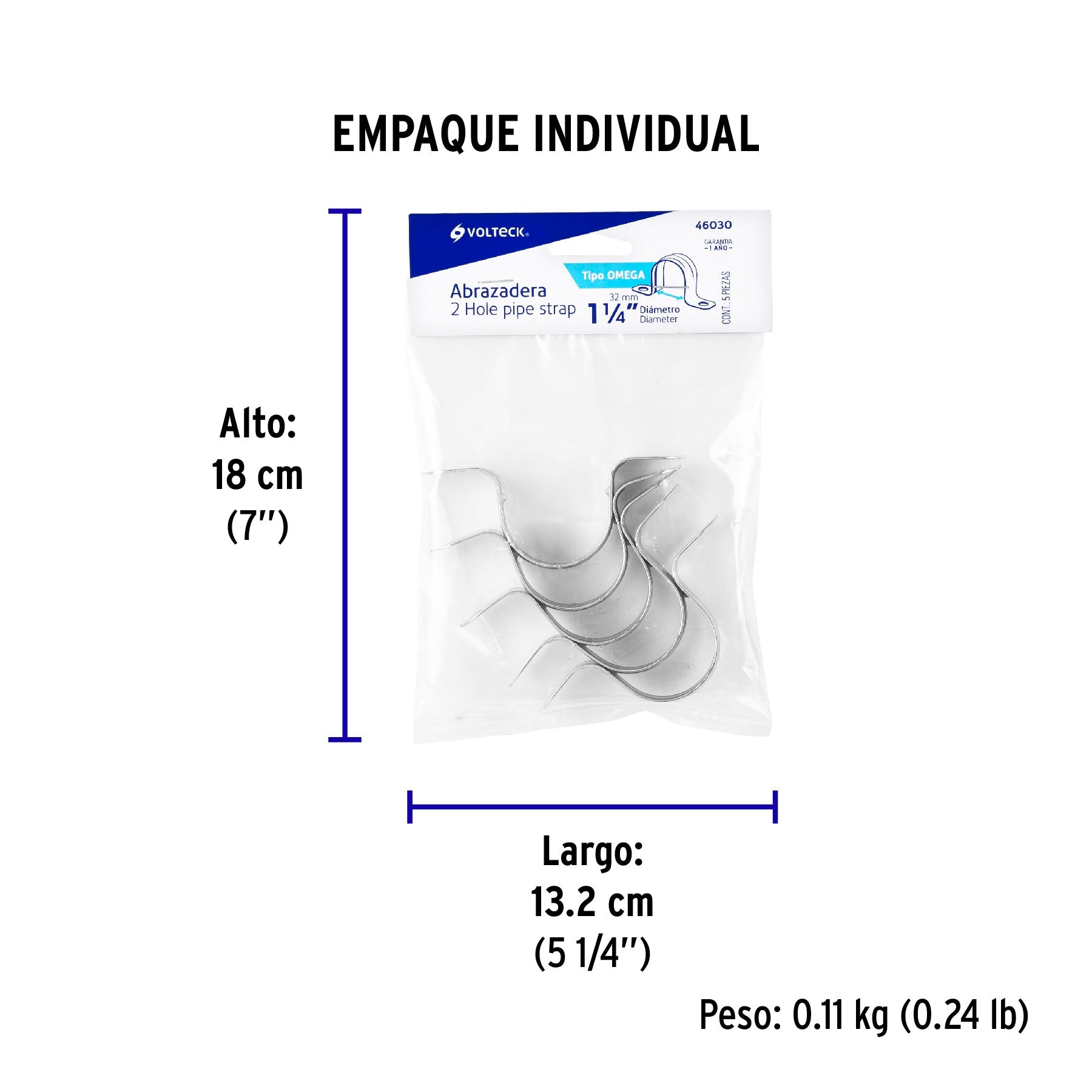 Bolsa c/5 abrazaderas tipo omega 1-1/4" p/tubo pared delgada - Empaque