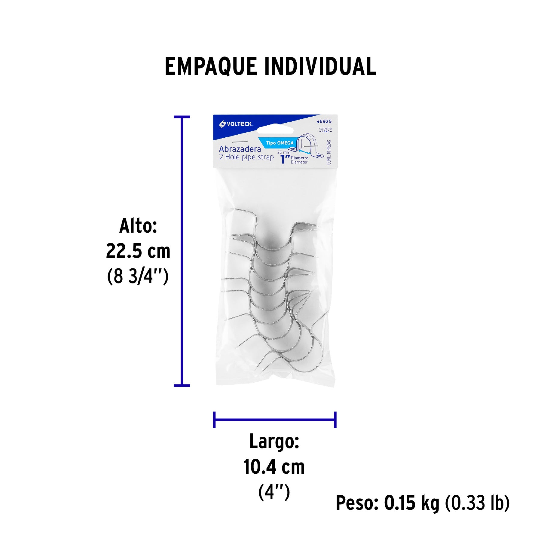 Bolsa c/10 abrazaderas tipo omega 1" p/tubo pared delgada - Empaque