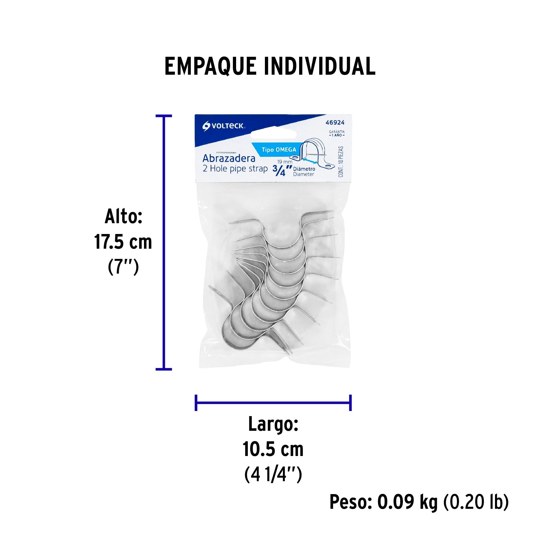 Bolsa c/10 abrazaderas tipo omega 3/4" p/tubo pared delgada - Empaque