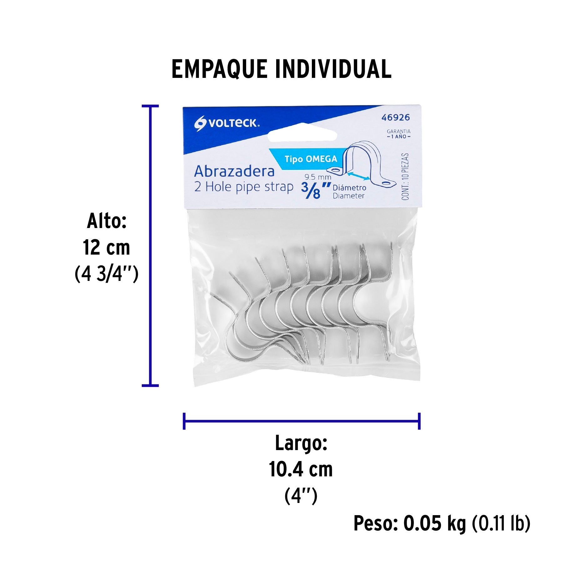 Bolsa c/10 abrazaderas tipo omega 3/8" p/tubo pared delgada - Empaque