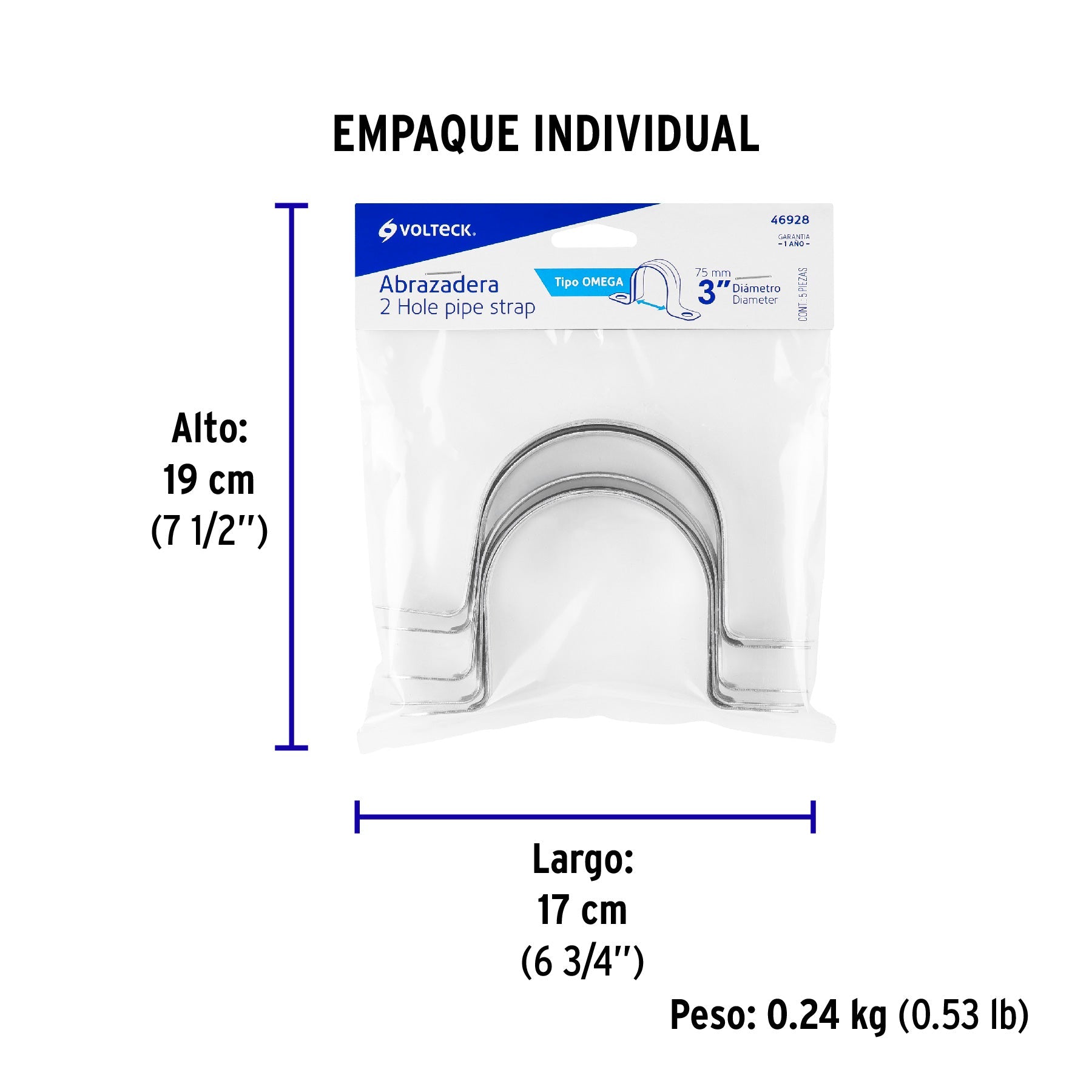 Bolsa c/5 abrazaderas tipo omega 3" p/tubo pared delgada - Empaque