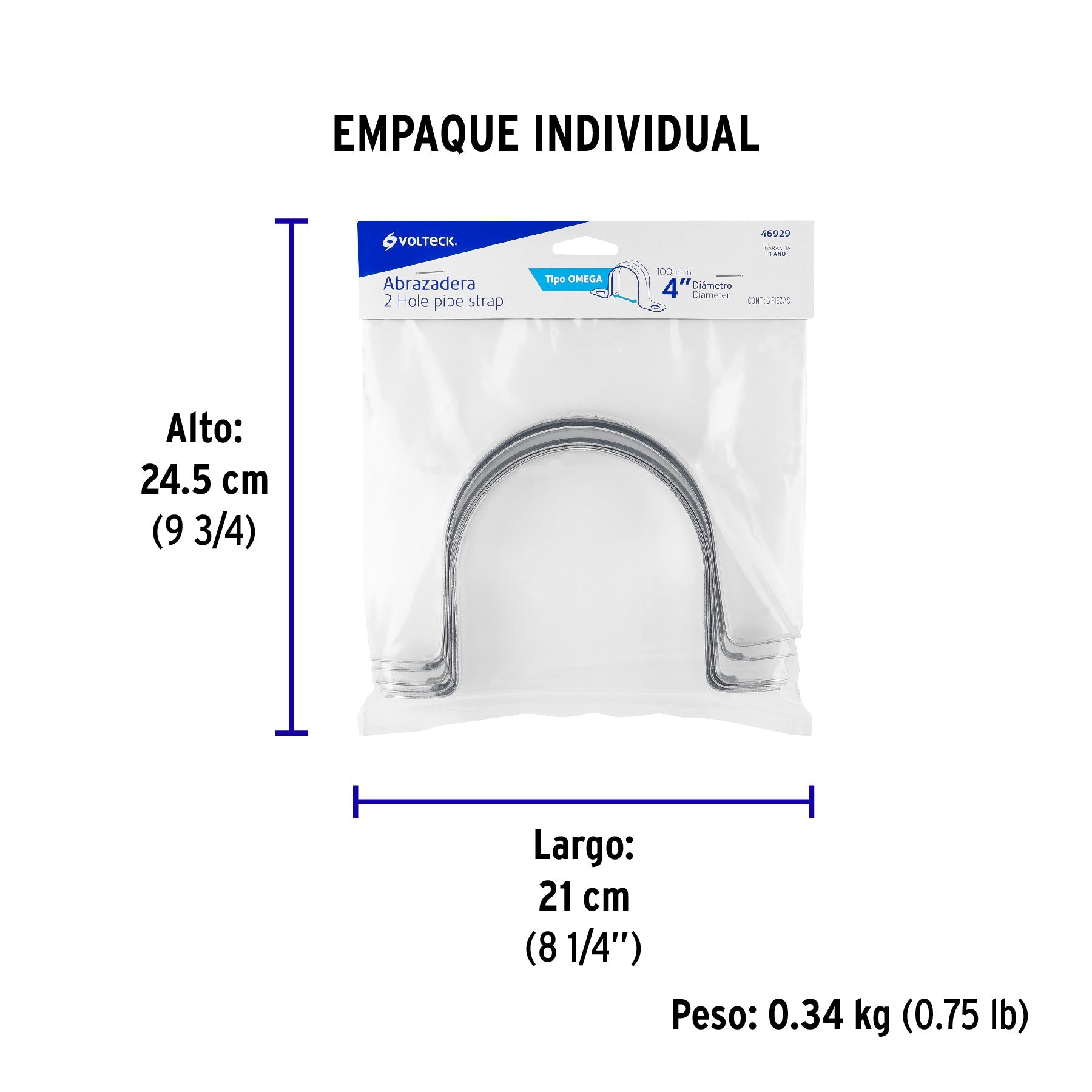Bolsa c/5 abrazaderas tipo omega 4" p/tubo pared delgada - Empaque