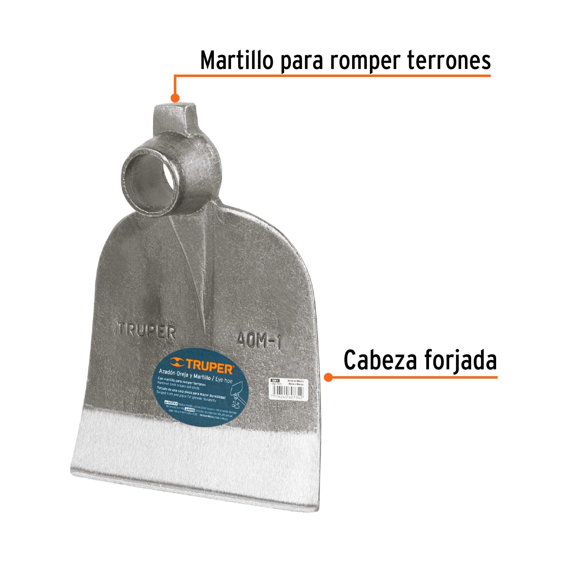 Azadón oreja y martillo No. 1 de 2.6 lb, sin mango, TRUPER