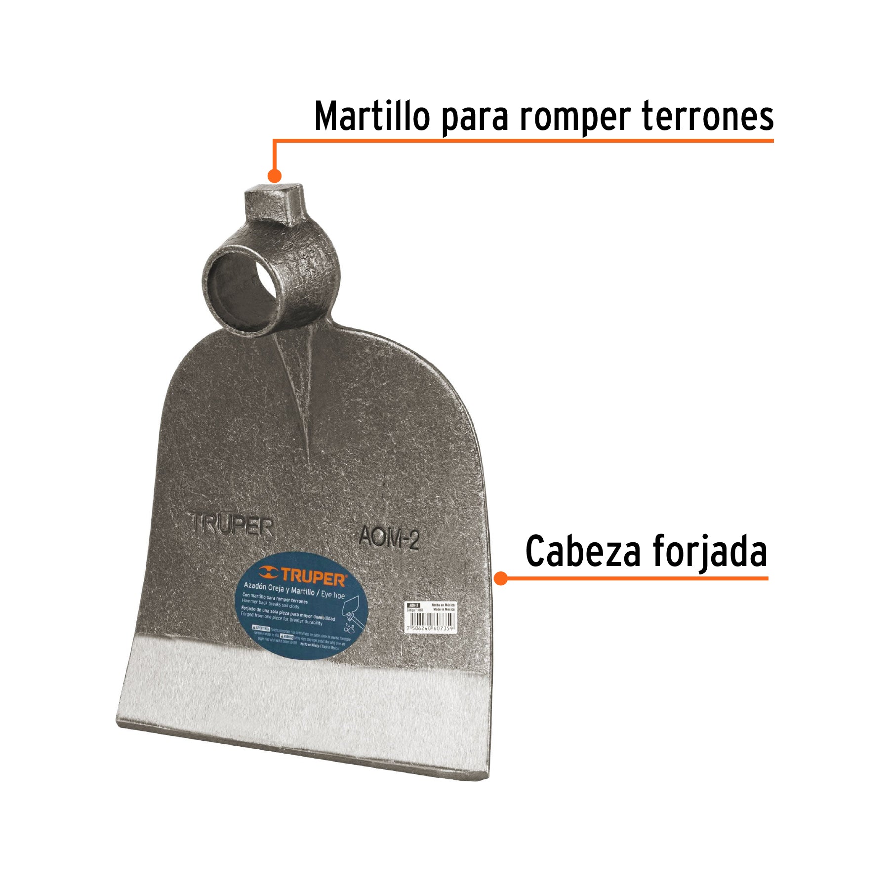 Azadón oreja y martillo No. 2 de 2.8 lb, sin mango, TRUPER