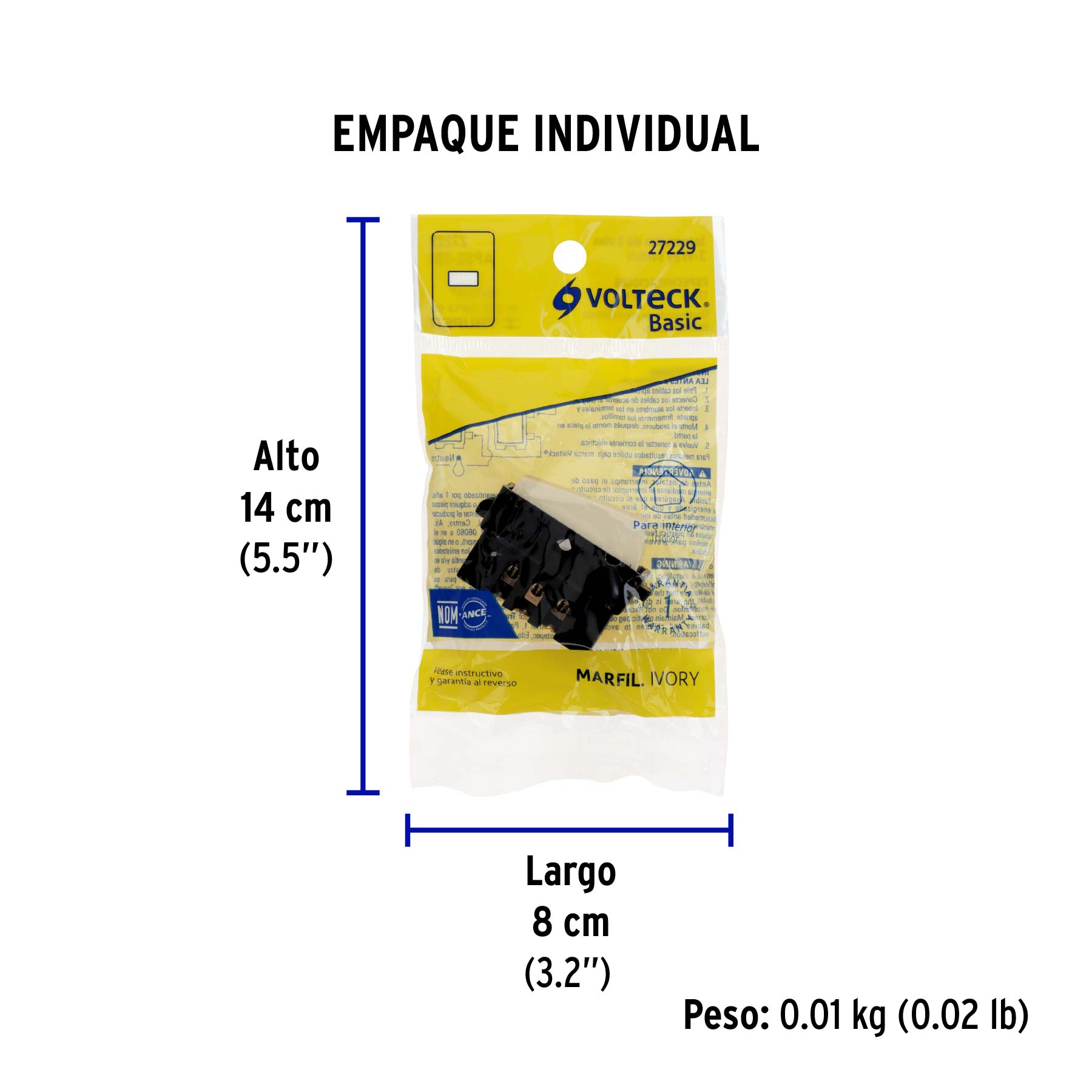 Interruptor de 3 vías, marfil, línea VOLTECK BASIC - Empaque