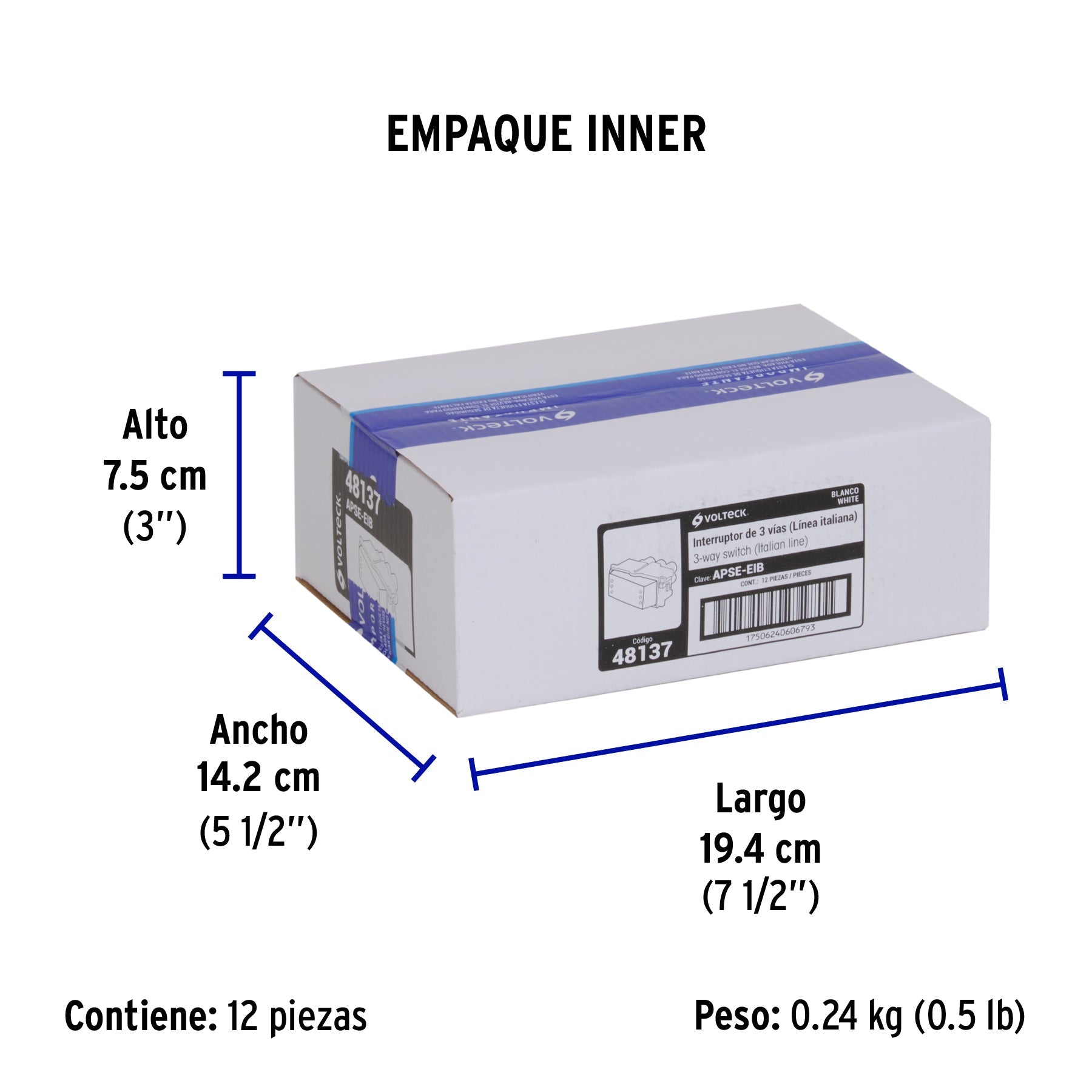 Interruptor de 3 vías, línea Italiana, color blanco, VOLTECK - Empaque