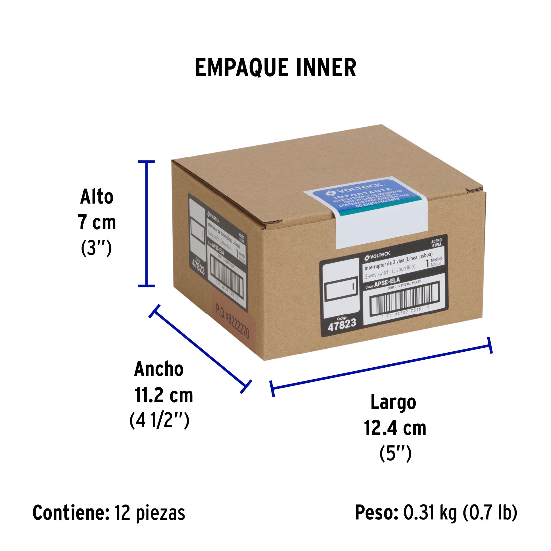 Interruptor de 3 vías acero inox de 1 módulo, línea Lisboa - Empaque