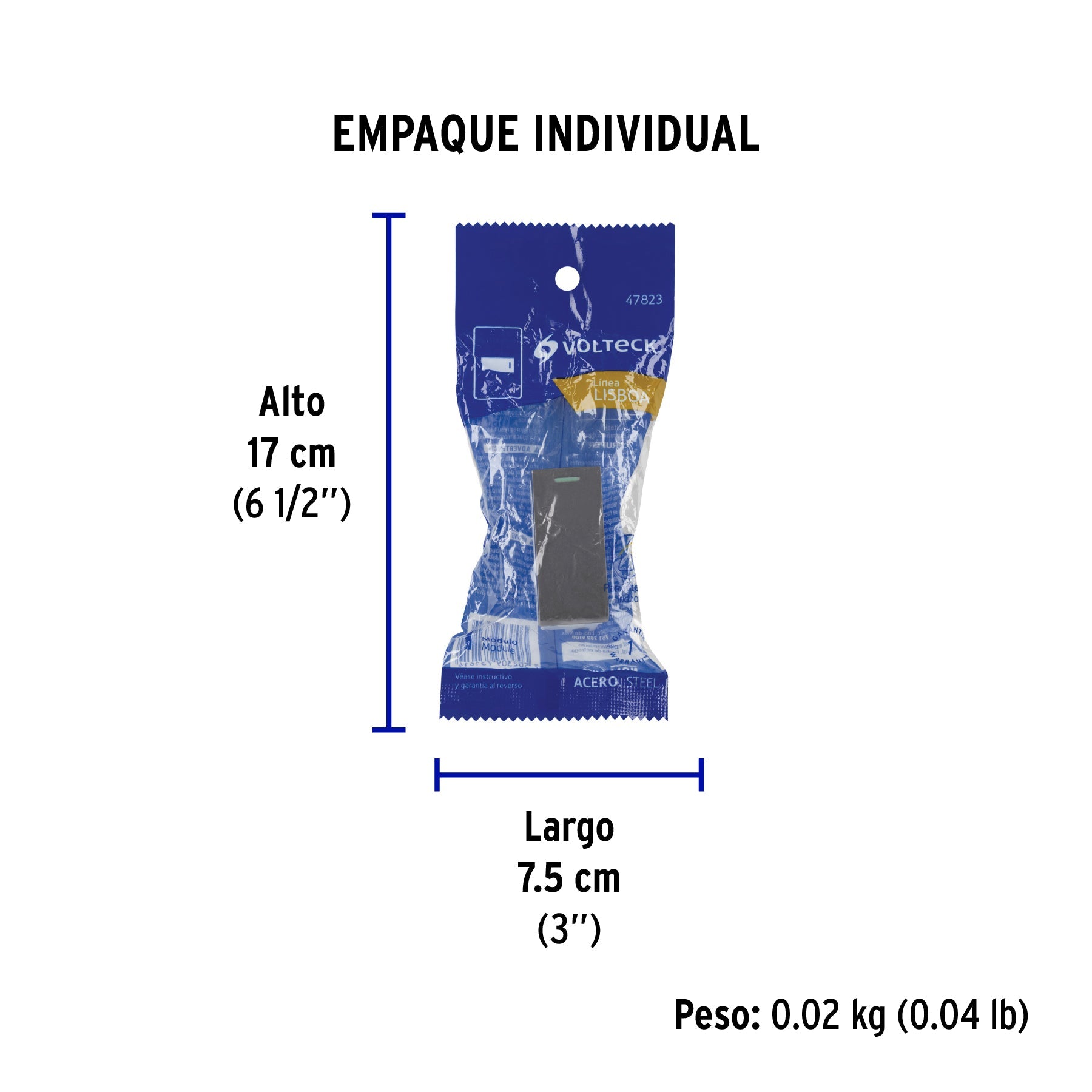 Interruptor de 3 vías acero inox de 1 módulo, línea Lisboa - Empaque