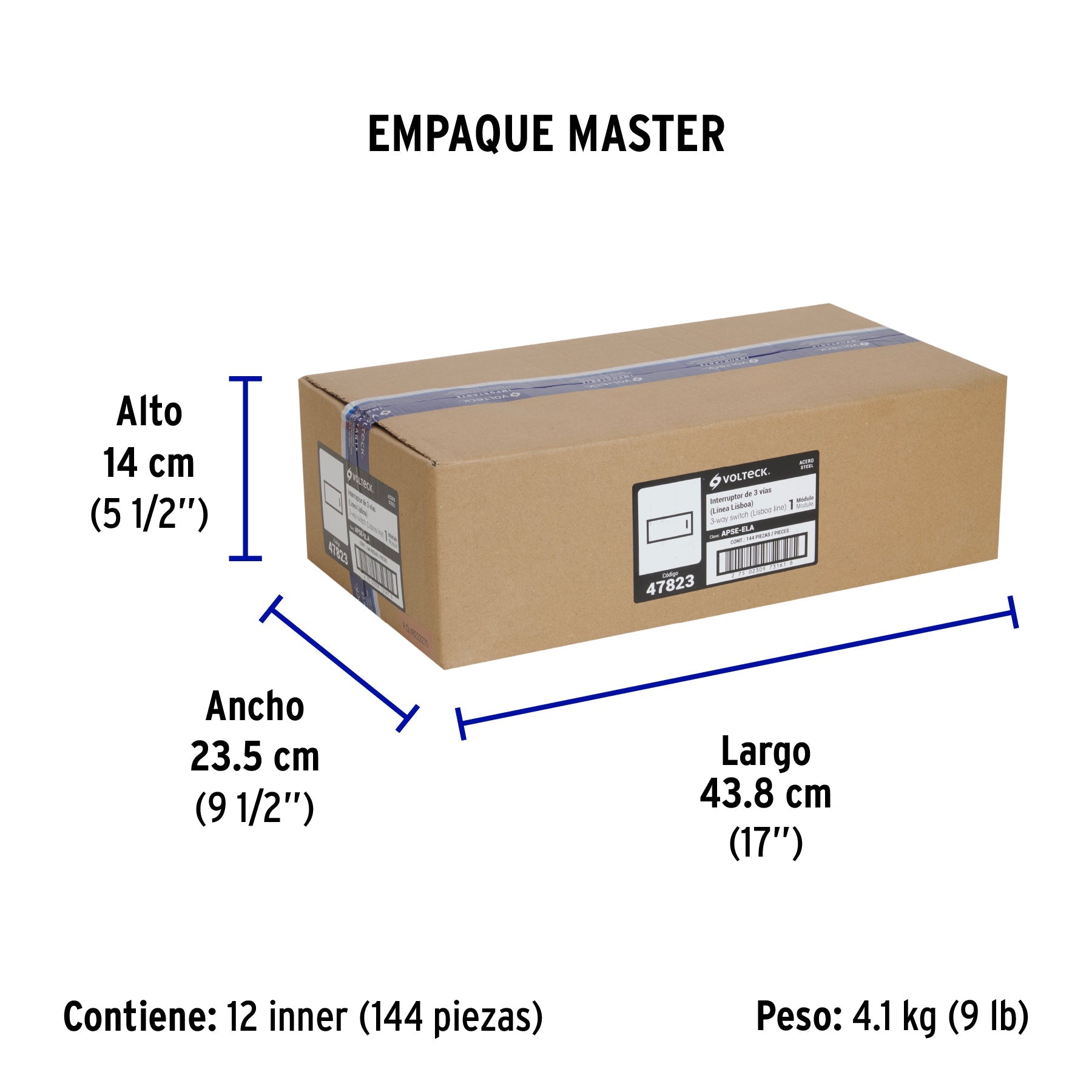 Interruptor de 3 vías acero inox de 1 módulo, línea Lisboa - Empaque