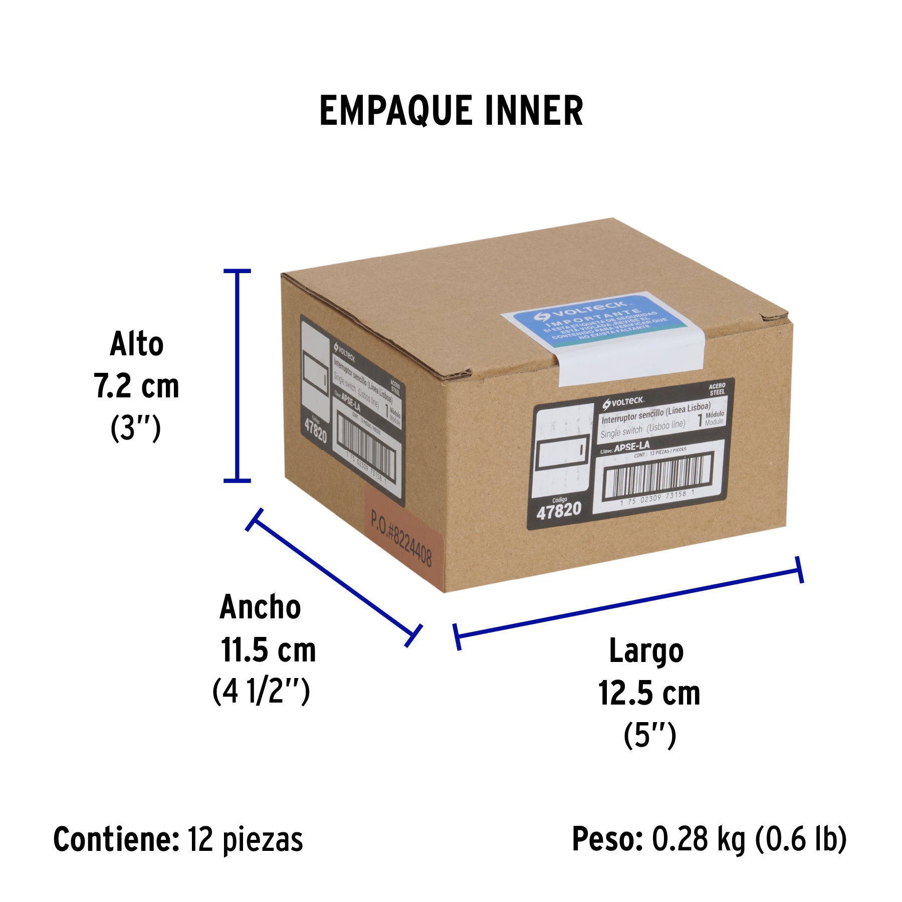 Interruptor sencillo acero inox de 1 módulo, línea Lisboa - Empaque