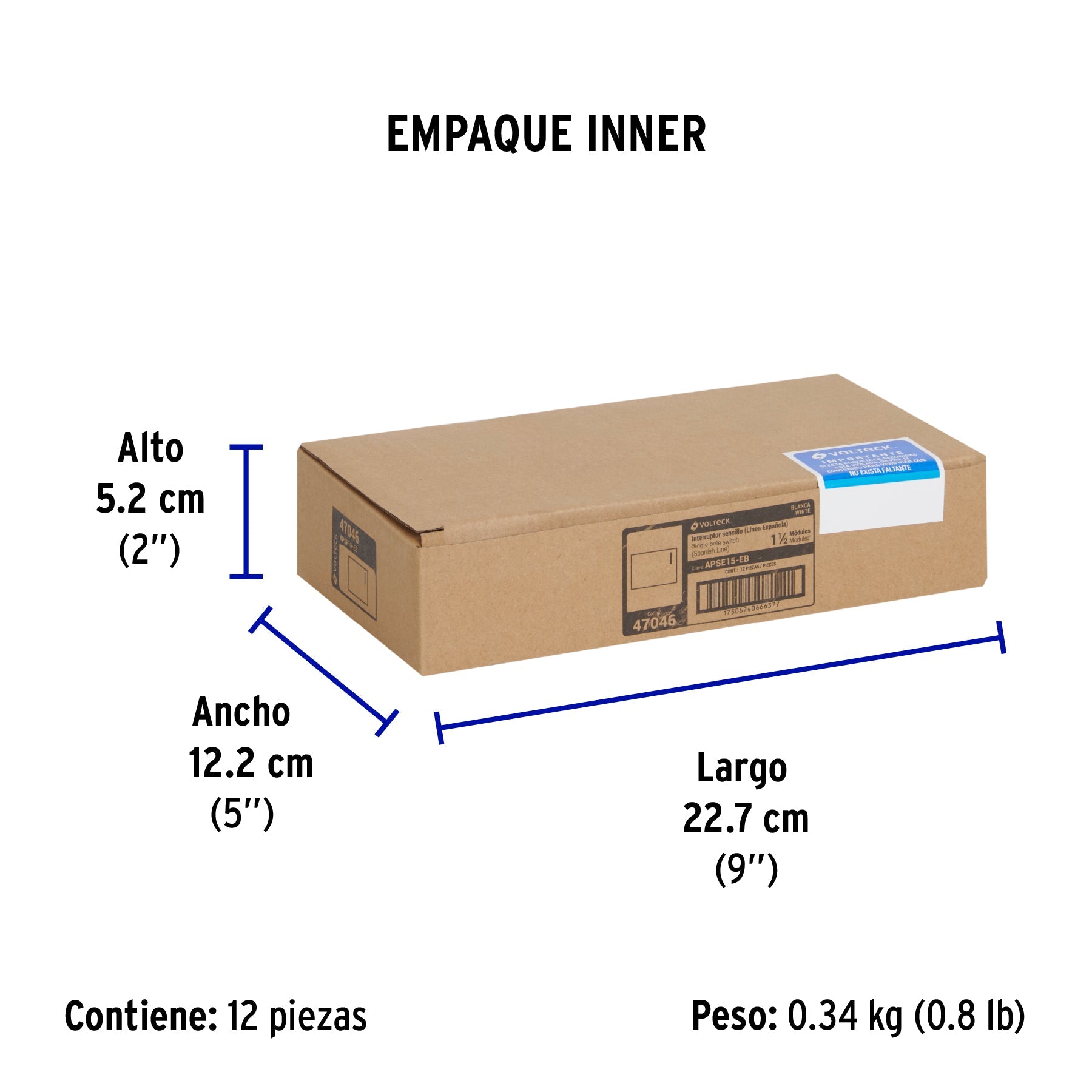 Interruptor sencillo 1.5 módulos,línea Española,color blanco - Empaque