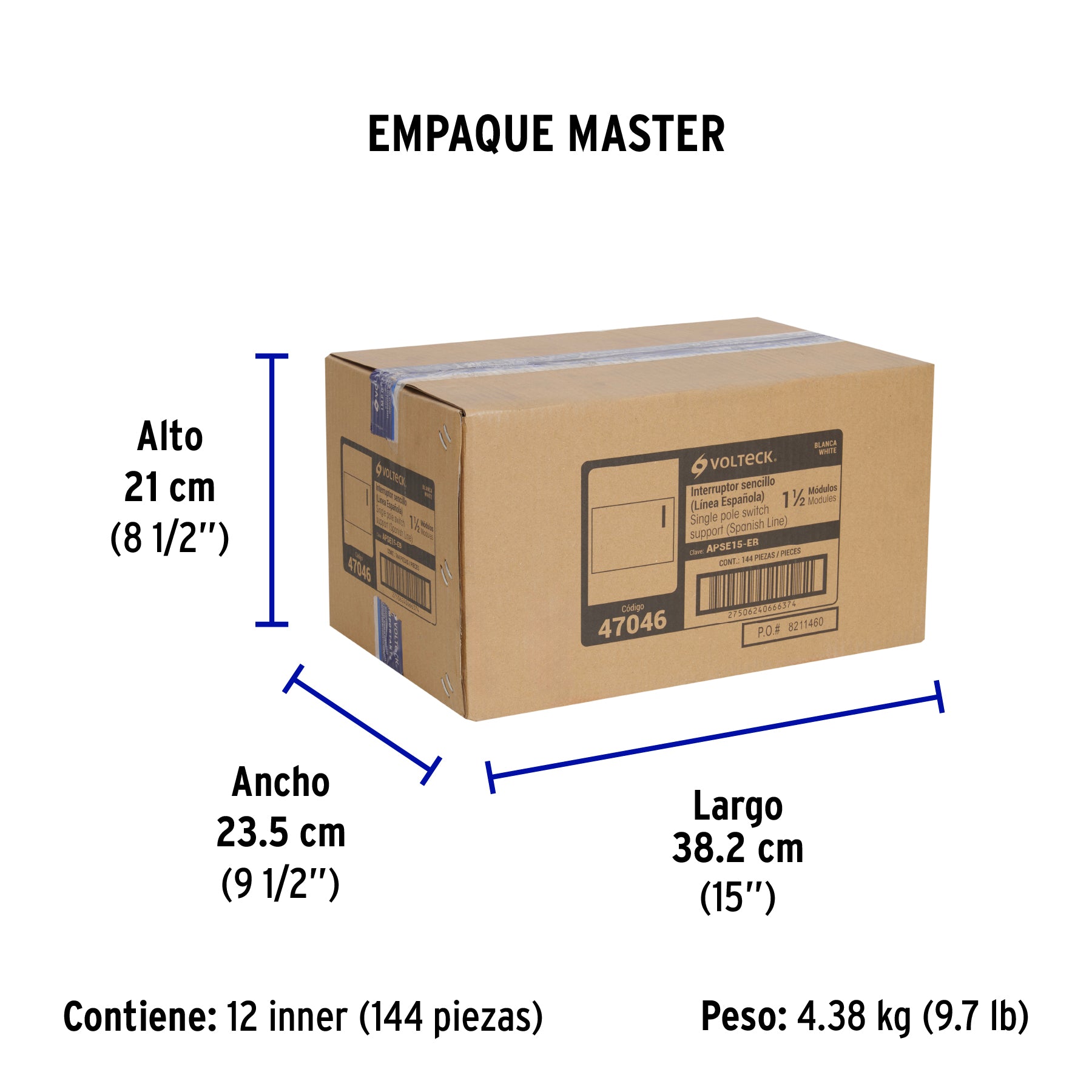 Interruptor sencillo 1.5 módulos,línea Española,color blanco - Empaque