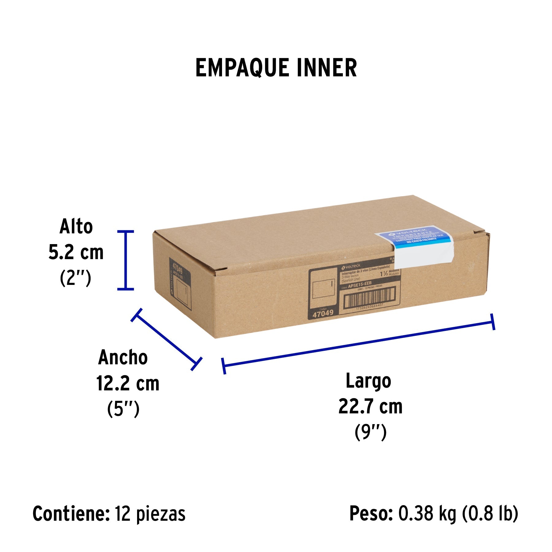 Interruptor de 3 vías, 1.5 módulos, línea Española, blanco - Empaque