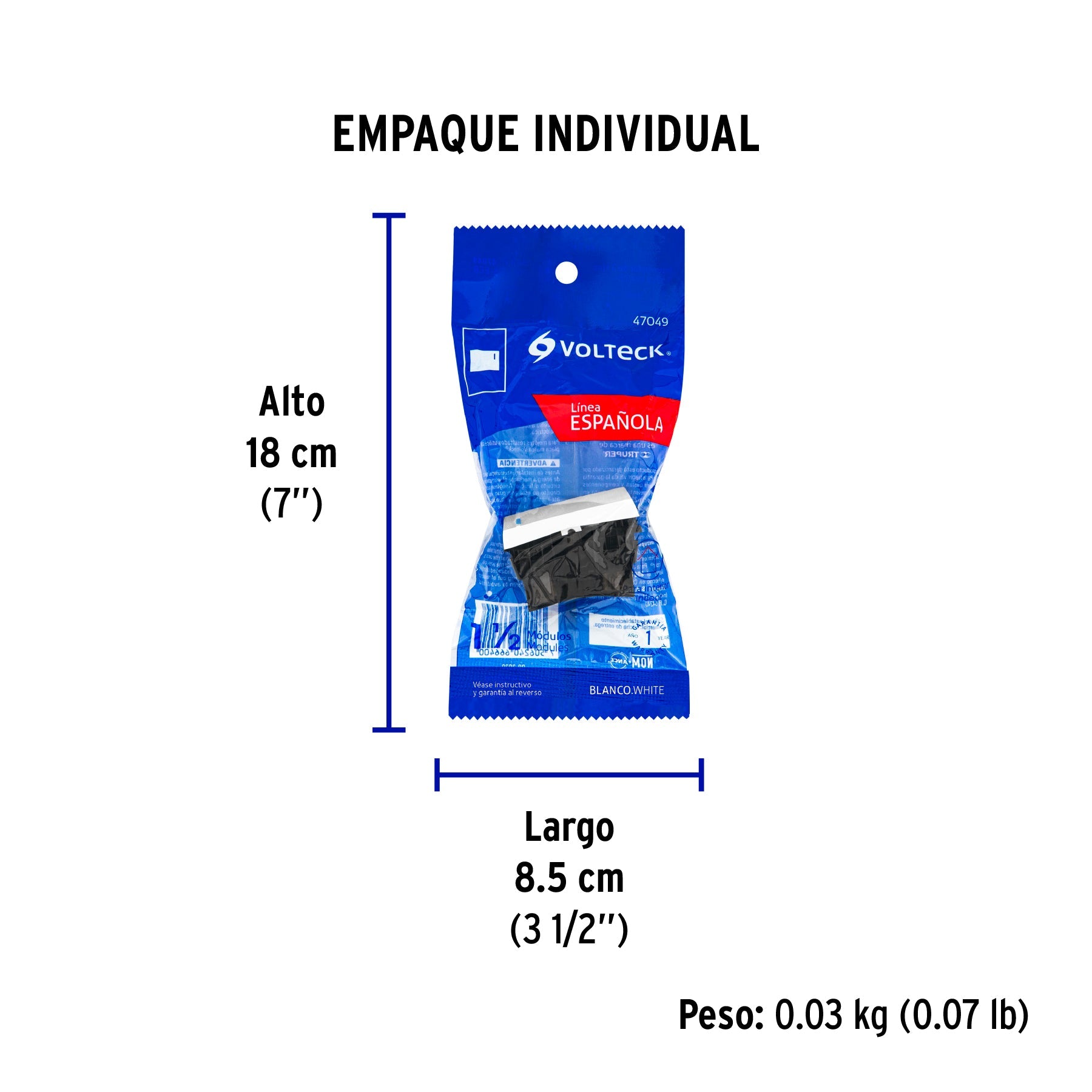 Interruptor de 3 vías, 1.5 módulos, línea Española, blanco - Empaque
