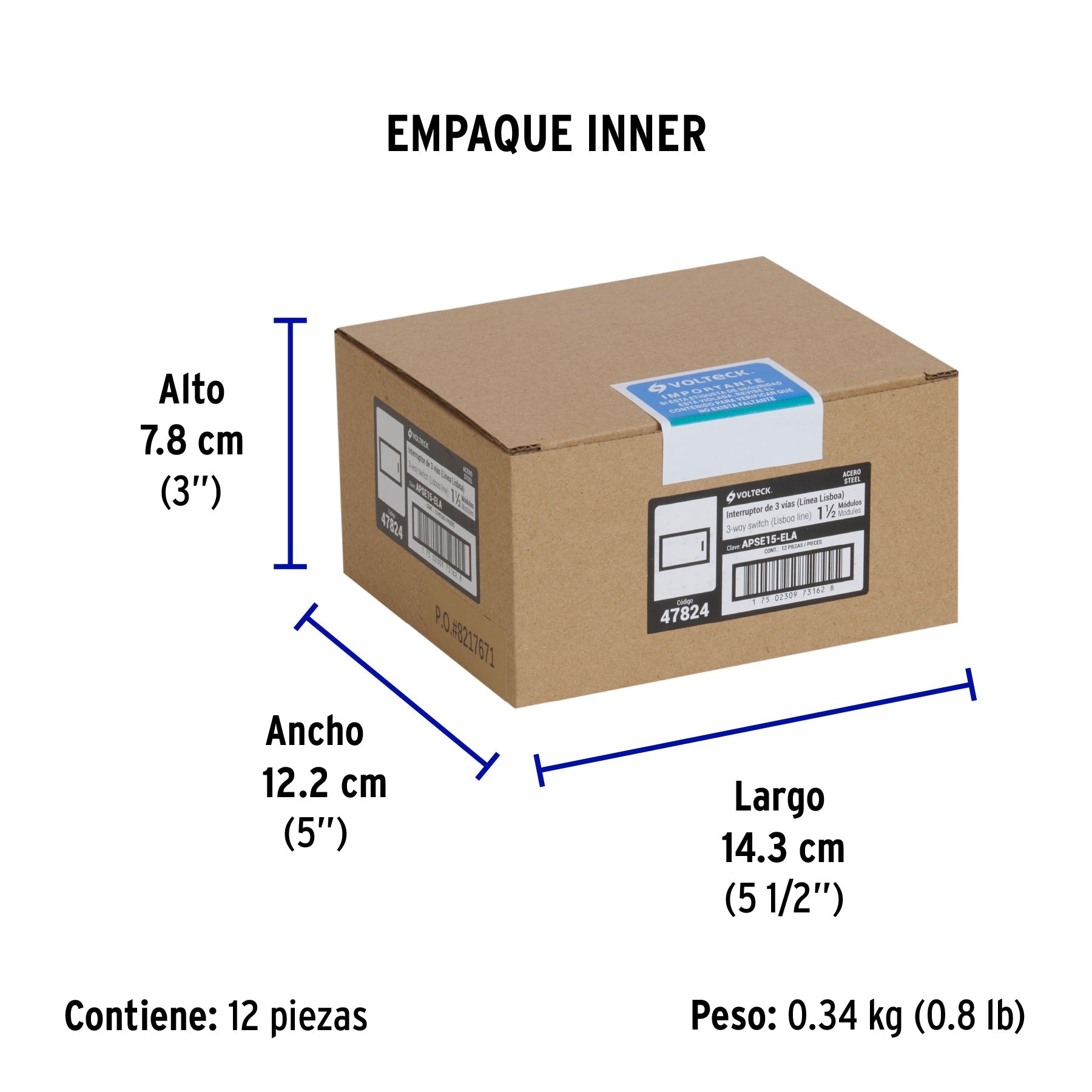 Interruptor 3 vías acero inox de 1.5 módulos, línea Lisboa - Empaque
