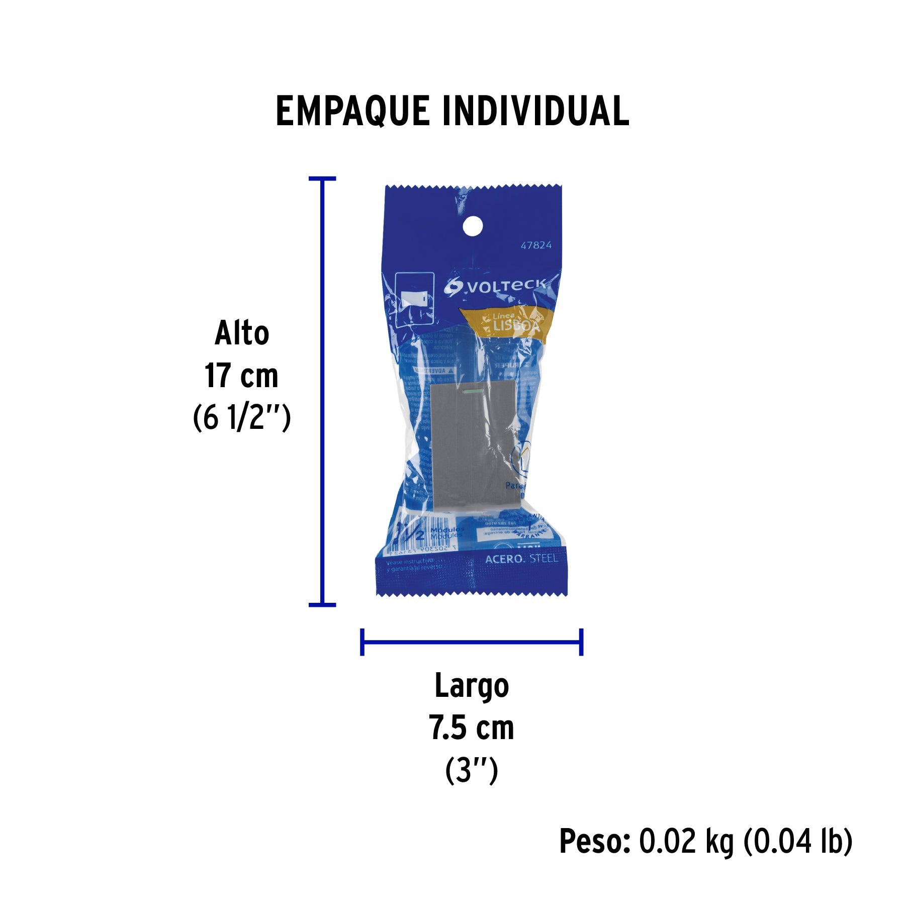 Interruptor 3 vías acero inox de 1.5 módulos, línea Lisboa - Empaque