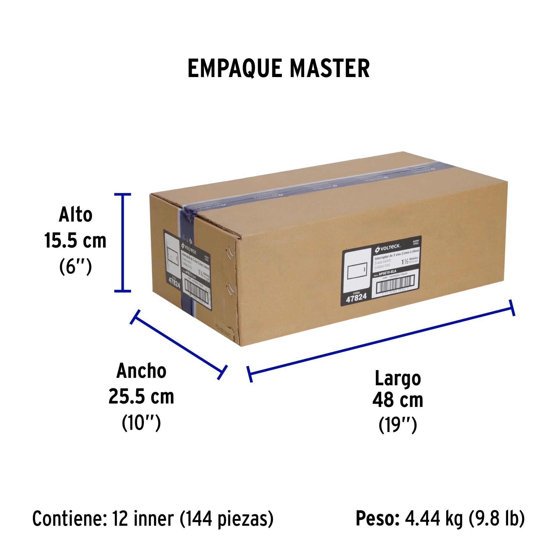 Interruptor 3 vías acero inox de 1.5 módulos, línea Lisboa - Empaque