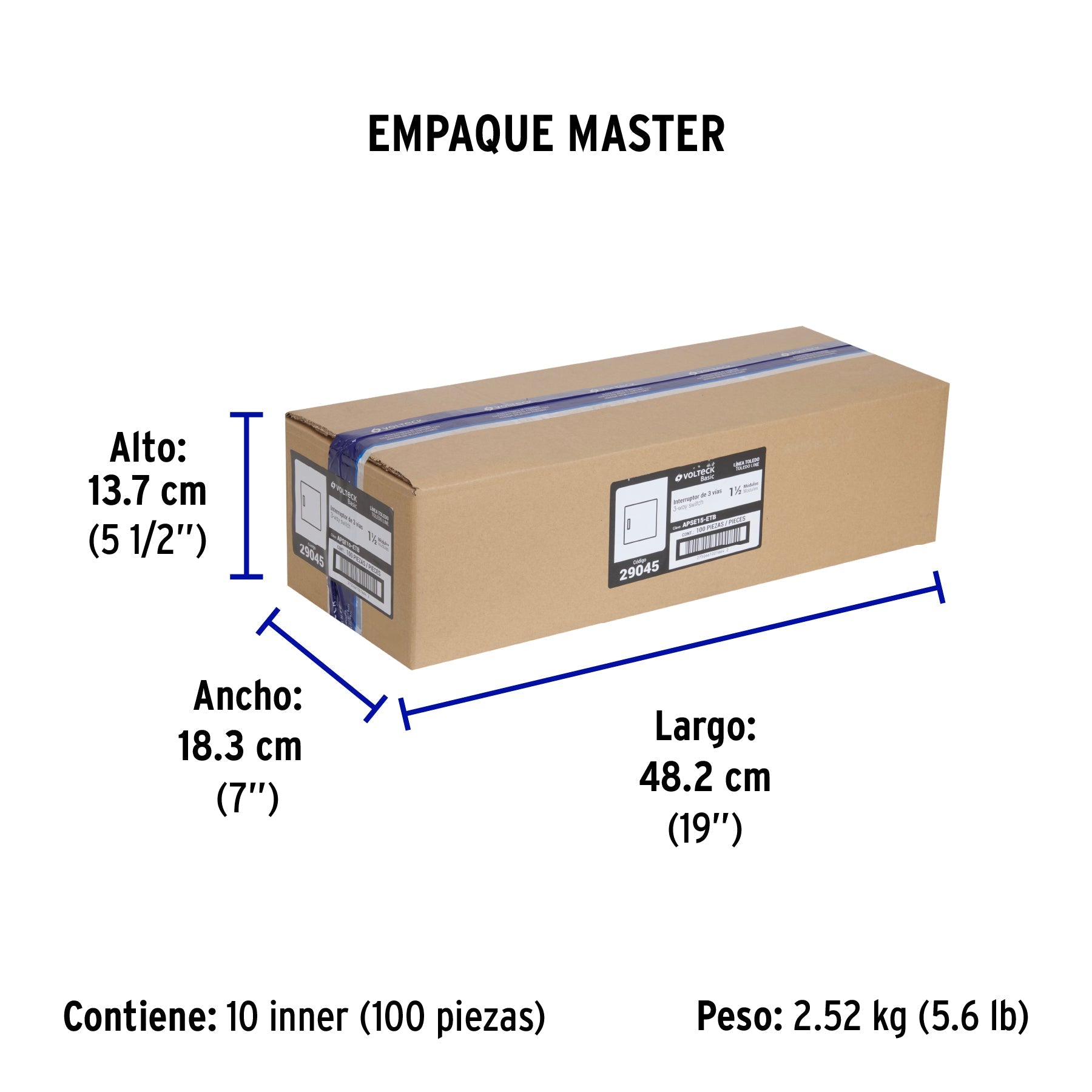 Interruptor de 3 vías de 1.5 módulos, línea Toledo, BASIC - Empaque