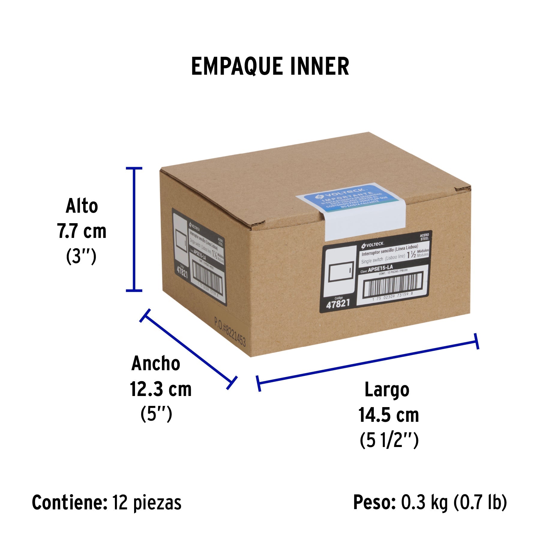 Interruptor sencillo acero inox de 1.5 módulos, línea Lisboa - Empaque