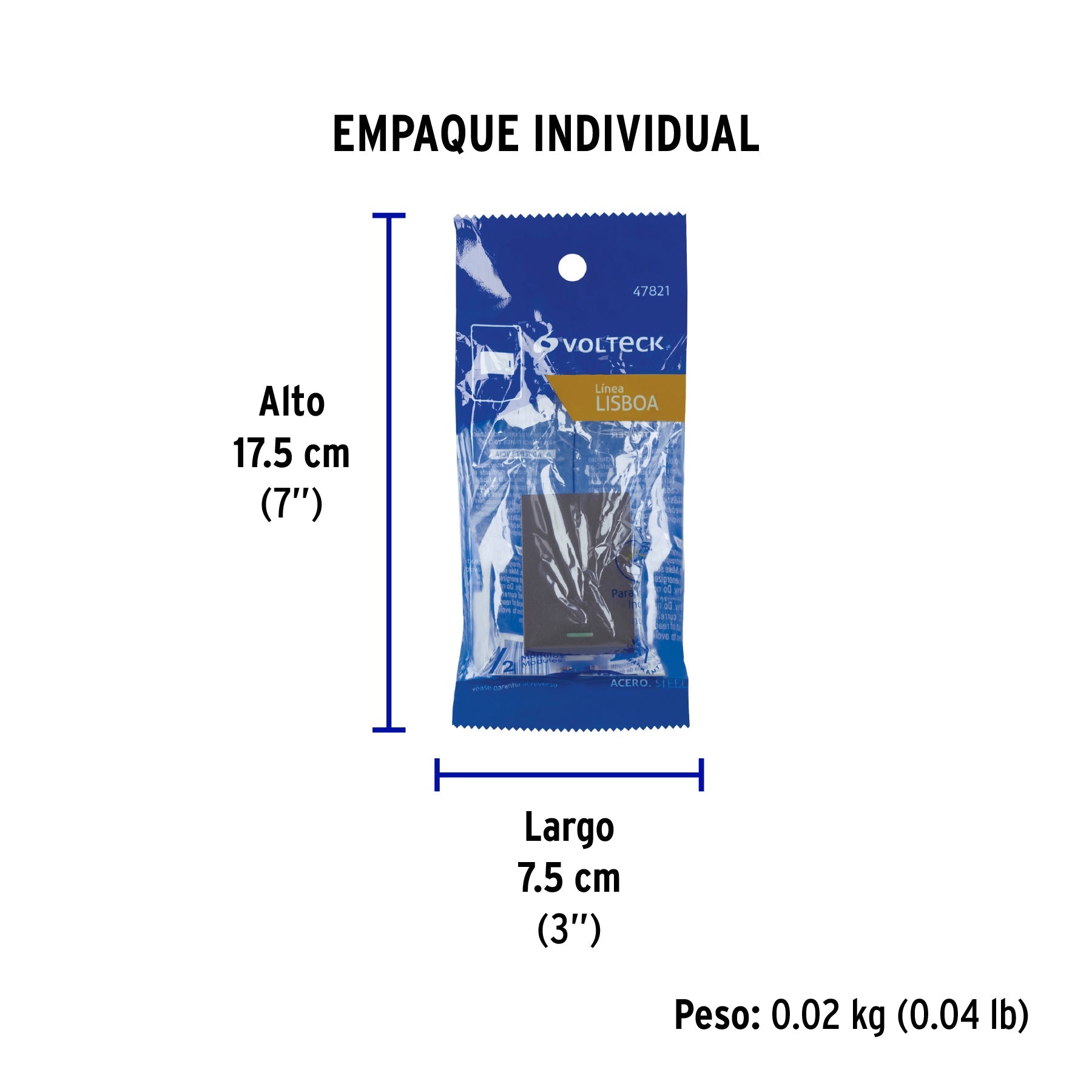 Interruptor sencillo acero inox de 1.5 módulos, línea Lisboa - Empaque