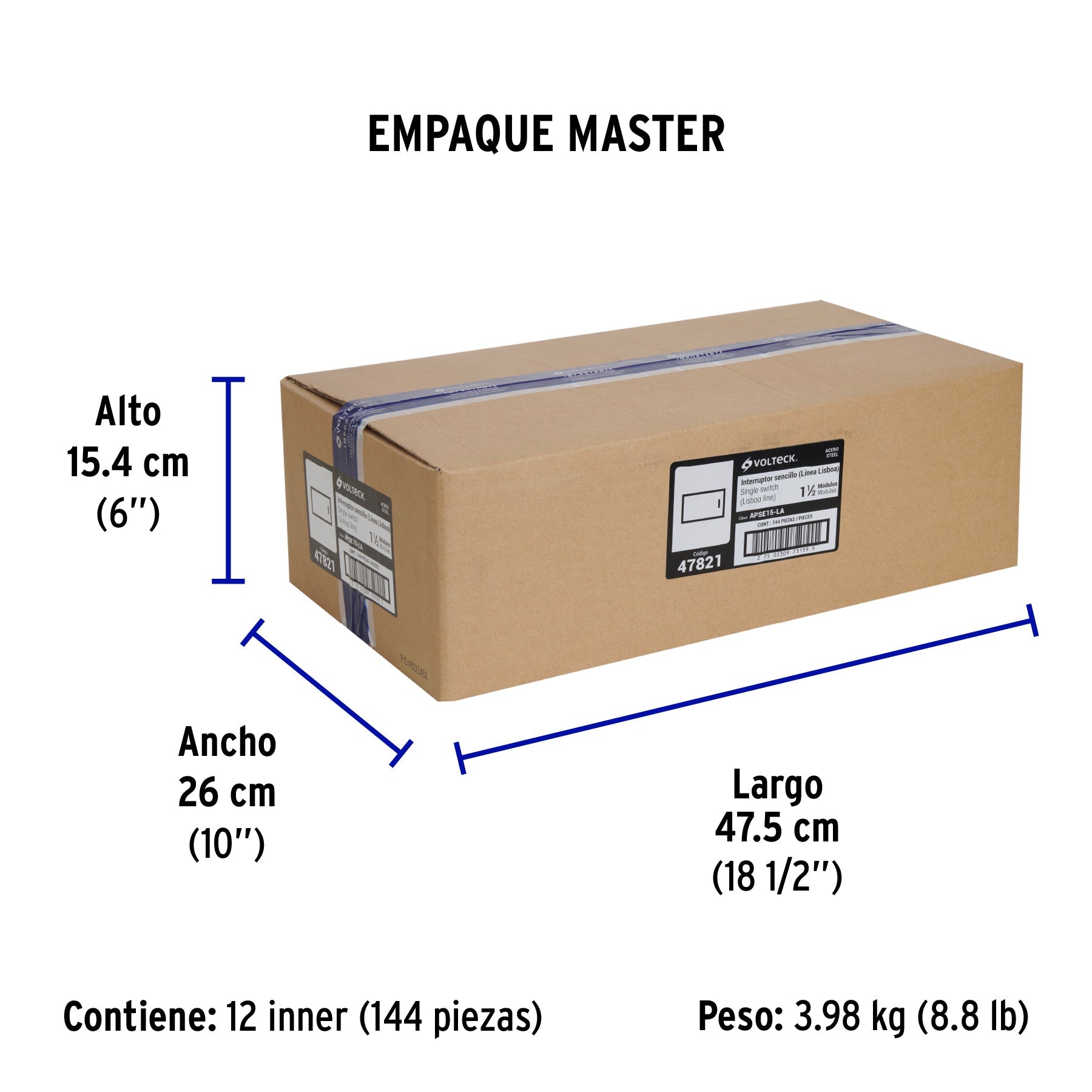 Interruptor sencillo acero inox de 1.5 módulos, línea Lisboa - Empaque