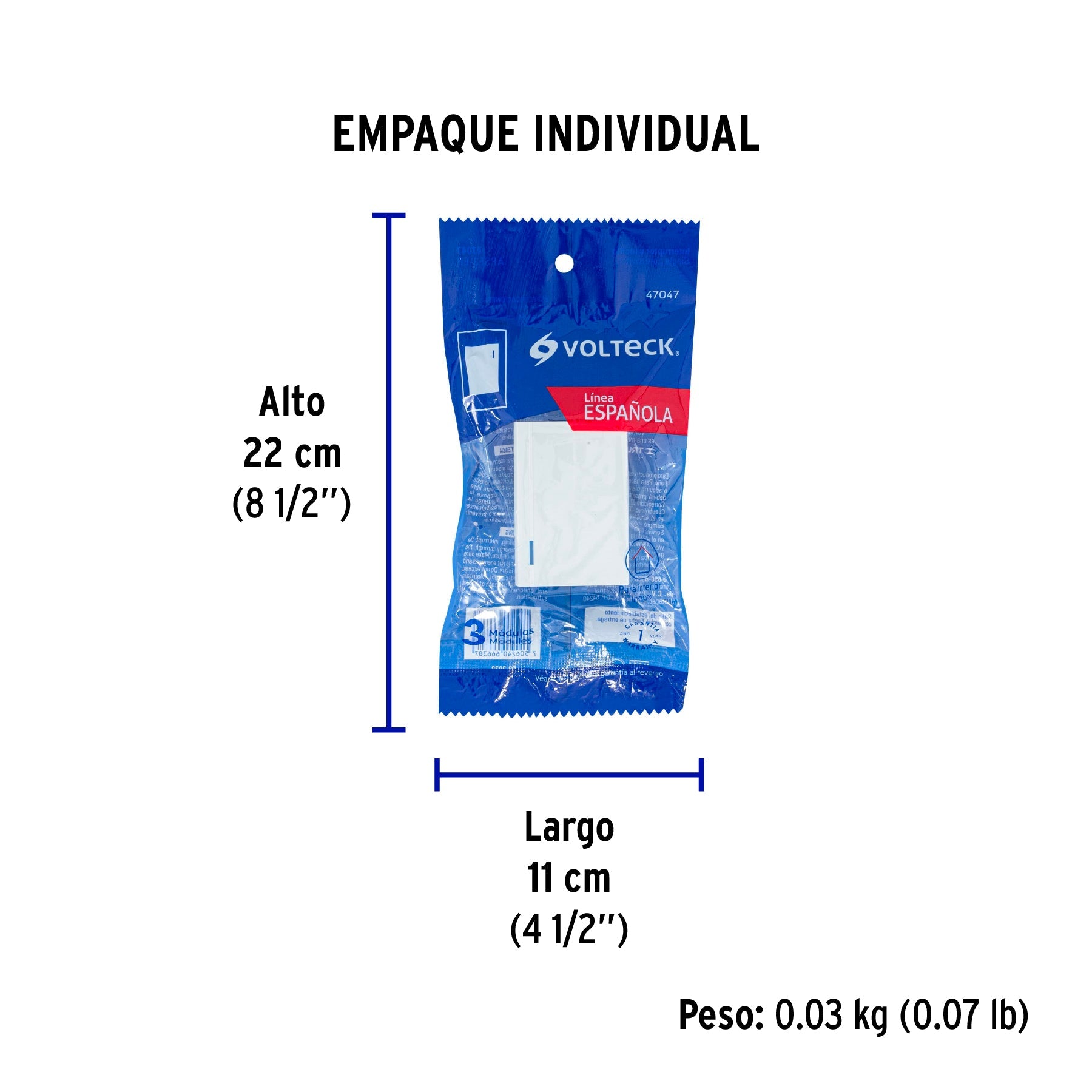 Interruptor sencillo 3 módulos, línea Española, color blanco - Empaque