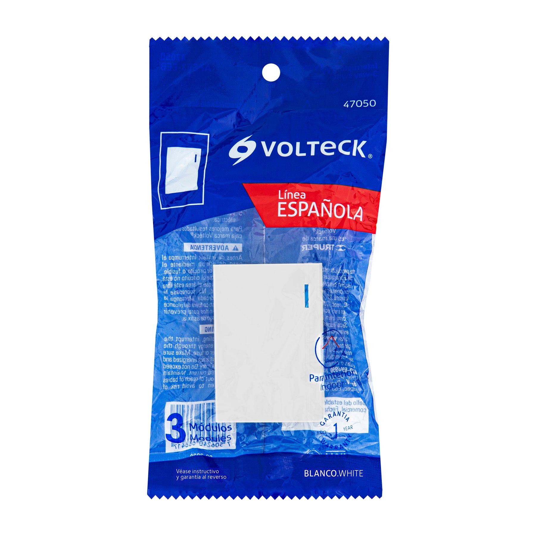 Interruptor de 3 vías, 3 módulos, línea Española, blanco