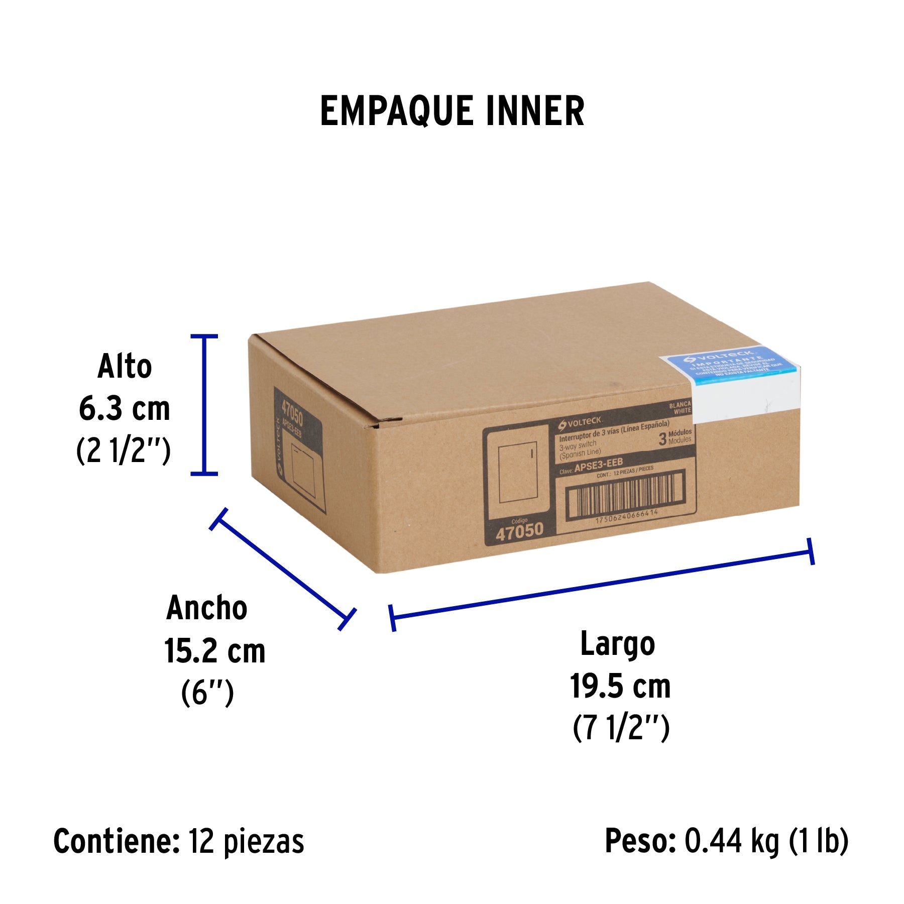 Interruptor de 3 vías, 3 módulos, línea Española, blanco - Empaque