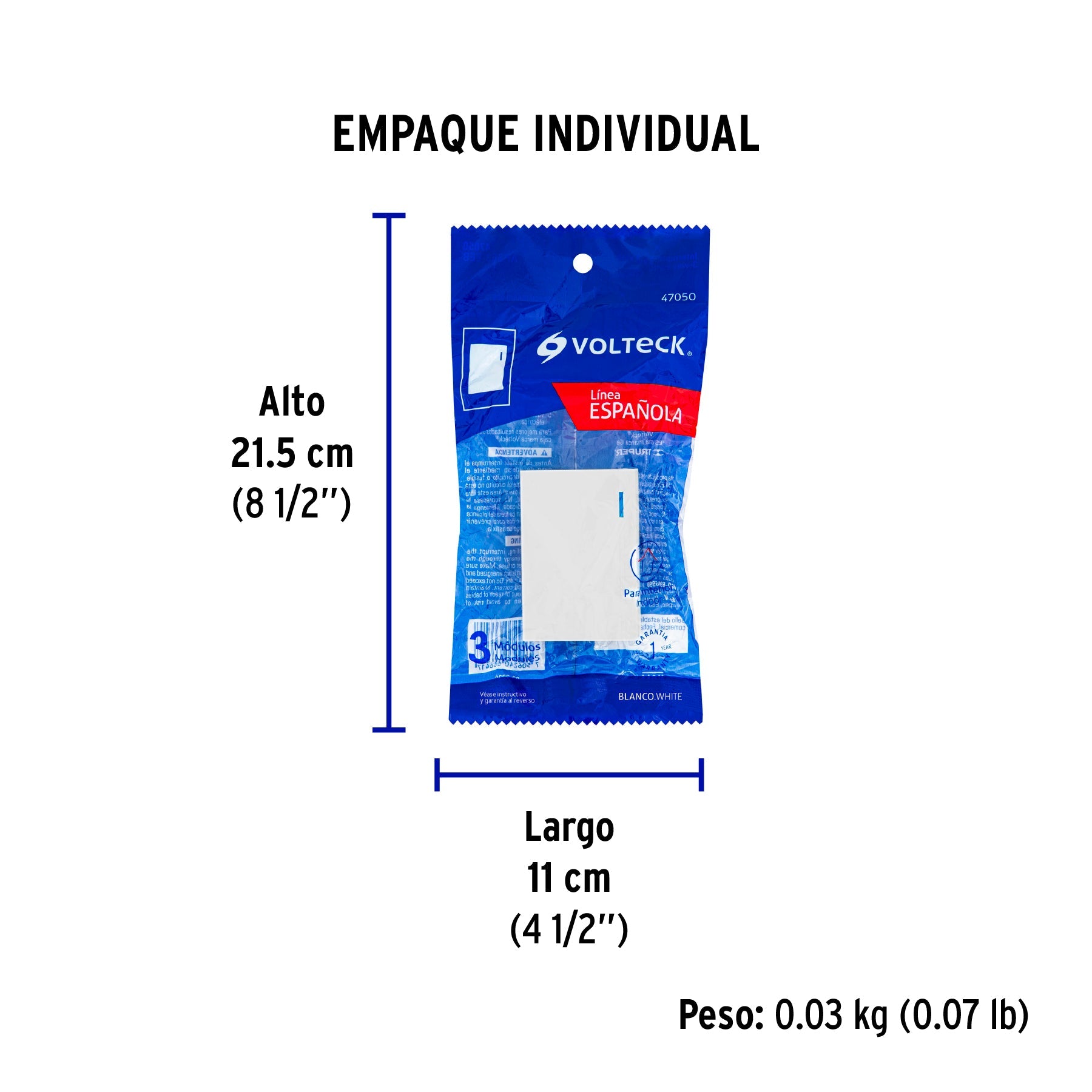Interruptor de 3 vías, 3 módulos, línea Española, blanco - Empaque