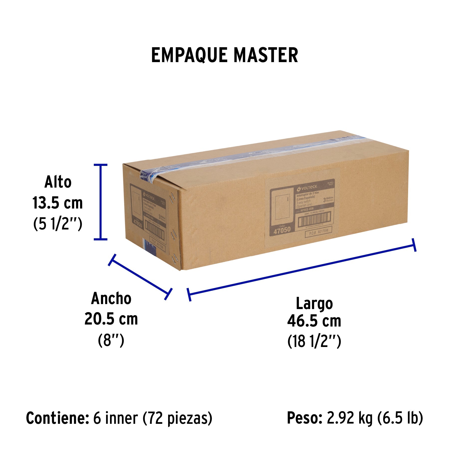 Interruptor de 3 vías, 3 módulos, línea Española, blanco - Empaque