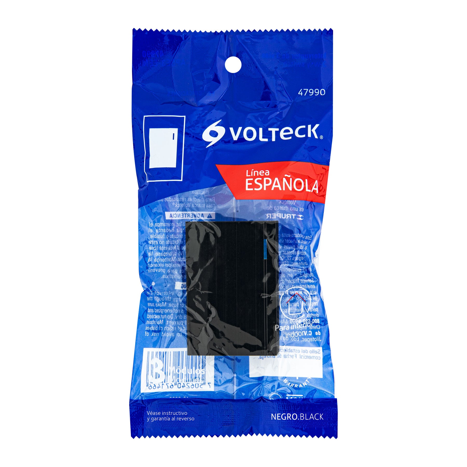 Interruptor de 3 vías, 3 módulos, línea Española, negro