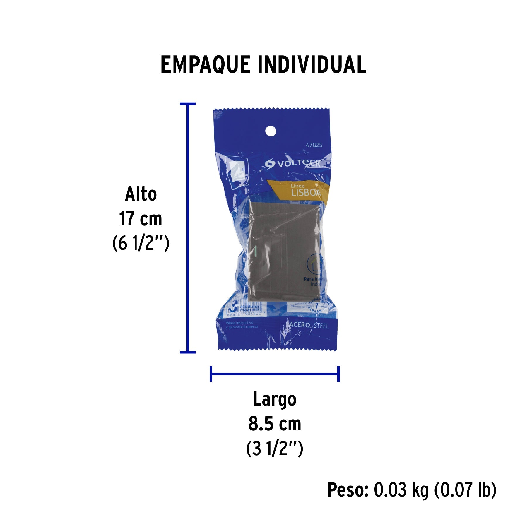 Interruptor 3 vías acero inox de 3 módulos, línea Lisboa - Empaque