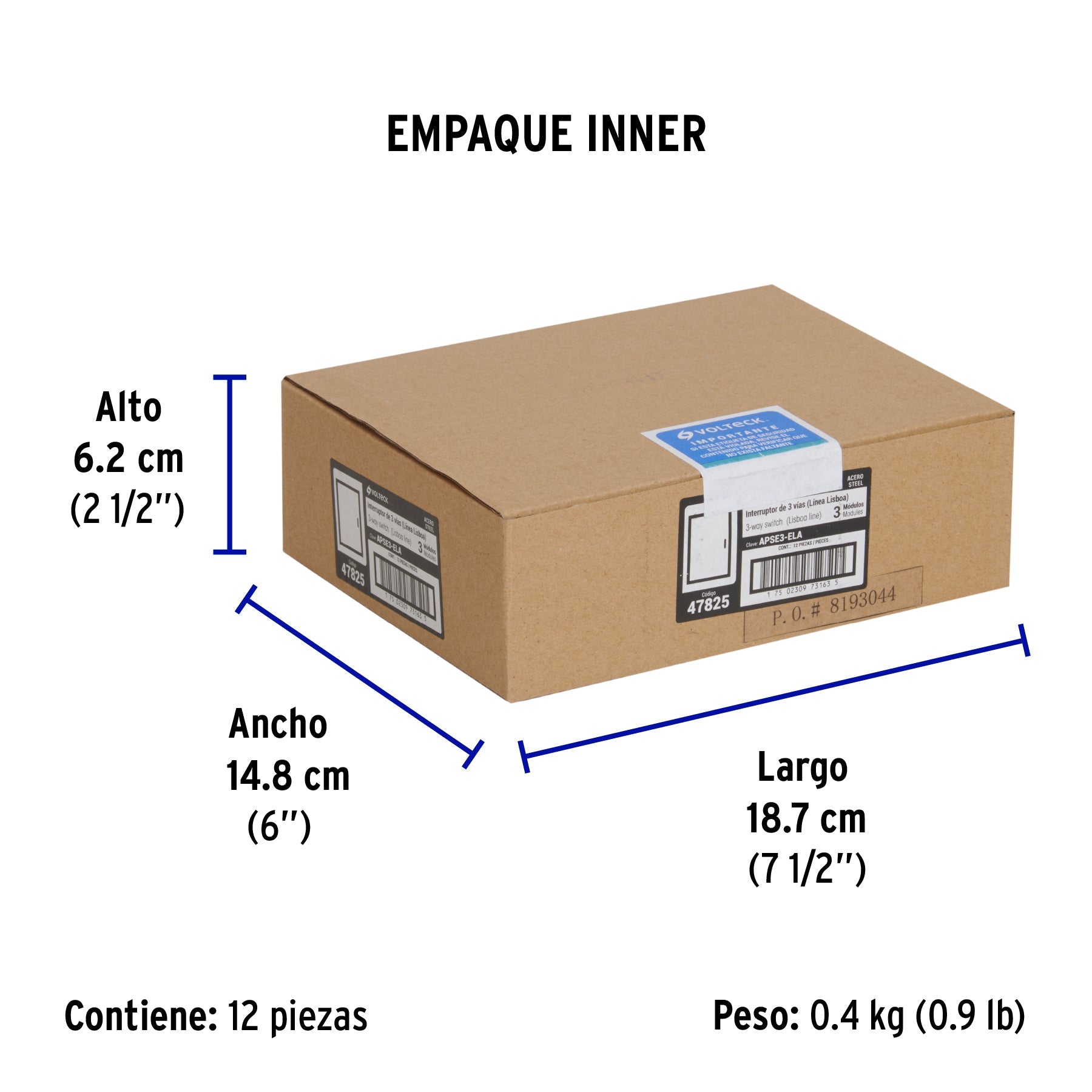 Interruptor 3 vías acero inox de 3 módulos, línea Lisboa - Empaque