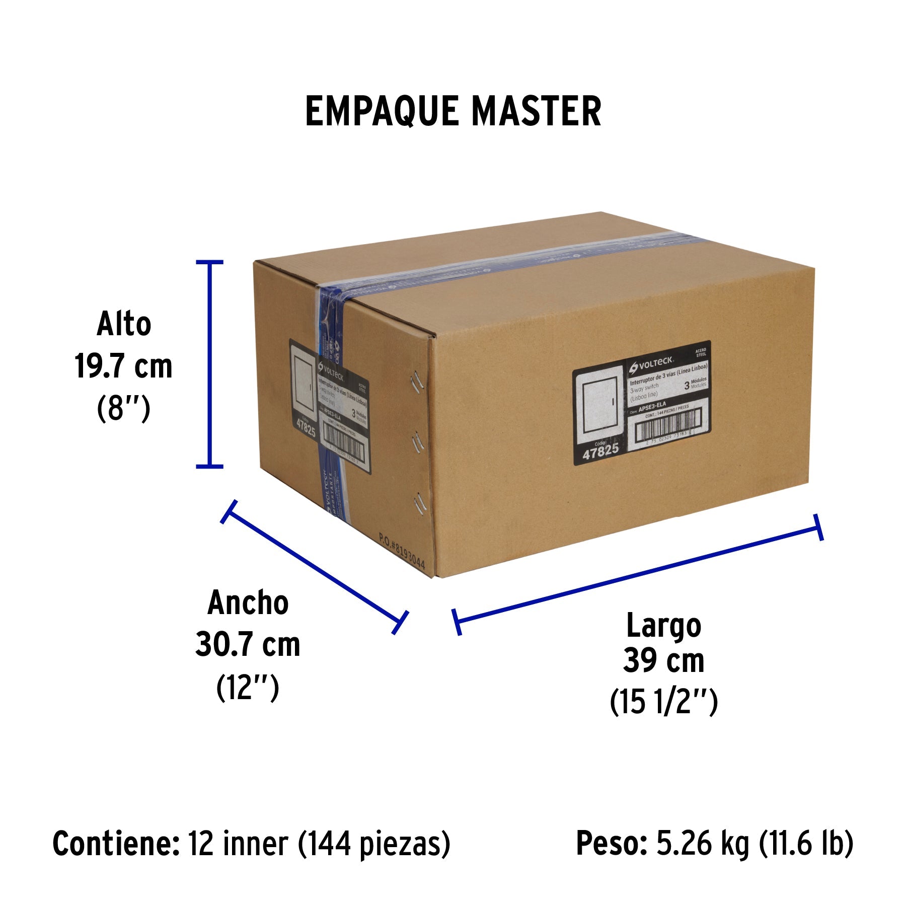 Interruptor 3 vías acero inox de 3 módulos, línea Lisboa - Empaque