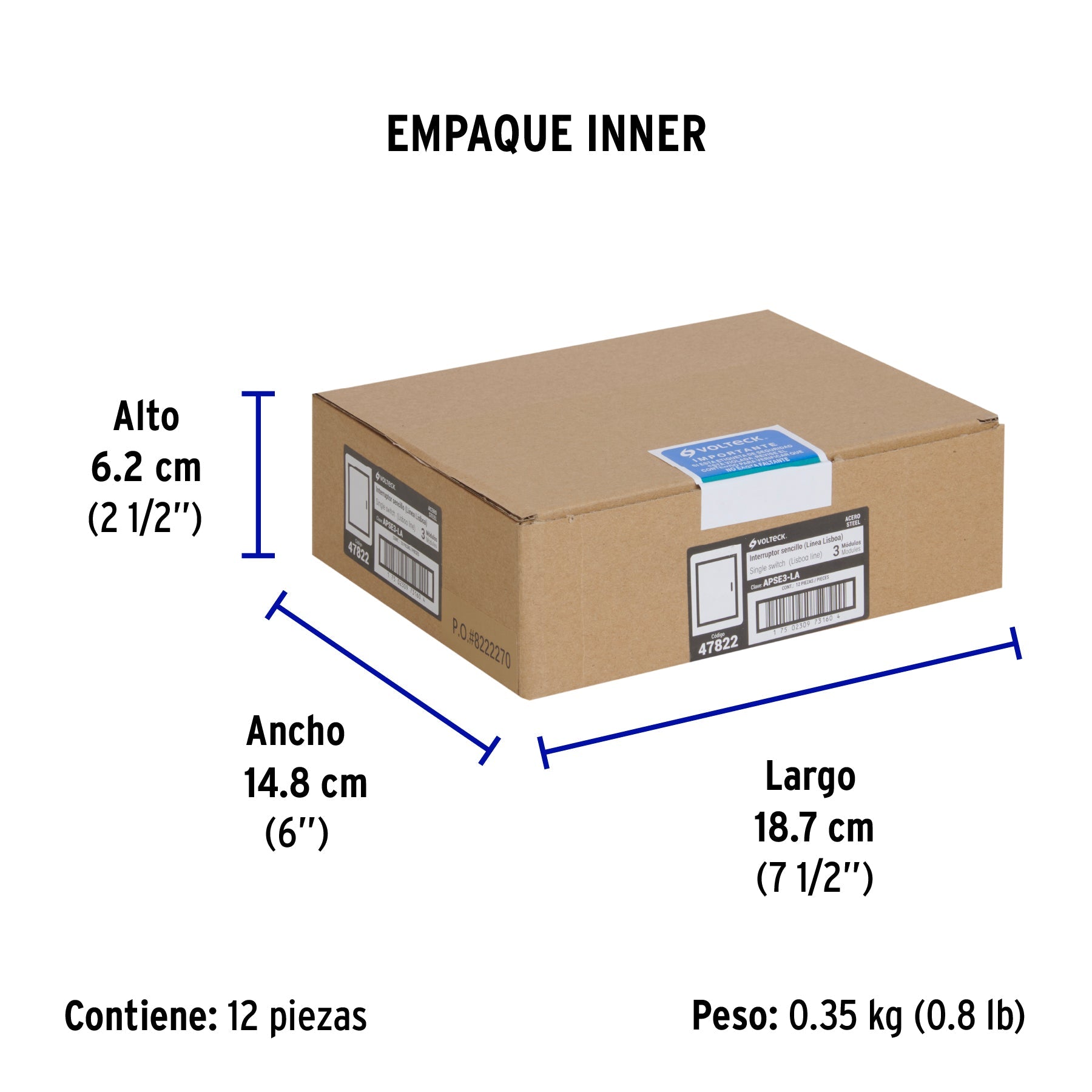 Interruptor sencillo acero inox de 3 módulos, línea Lisboa - Empaque