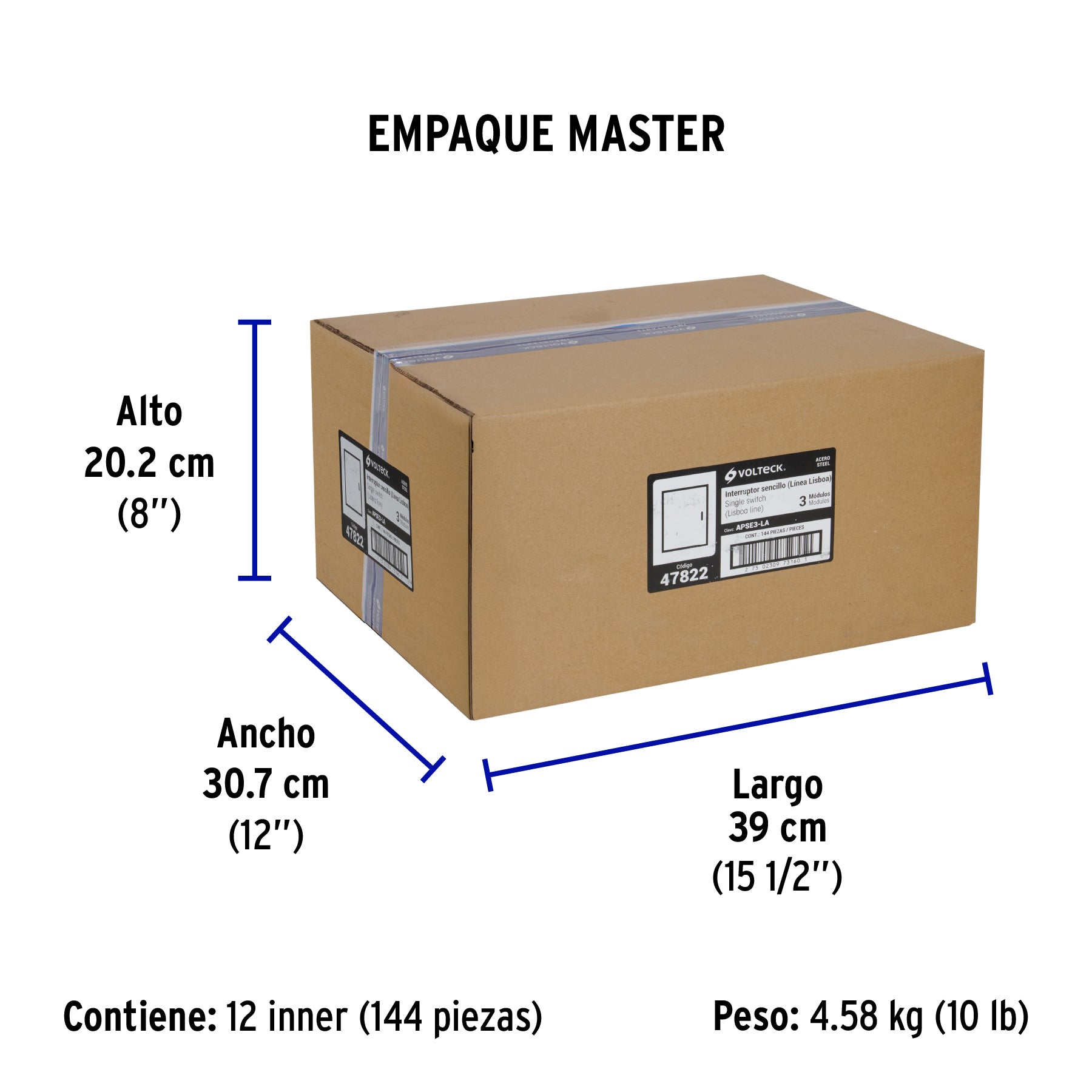 Interruptor sencillo acero inox de 3 módulos, línea Lisboa - Empaque