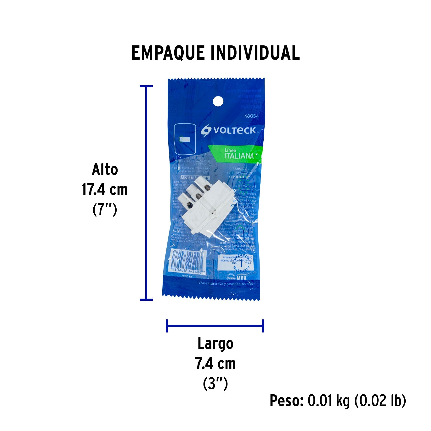 Interruptor de 3 vías con luz piloto, línea Italiana, blanco - Empaque