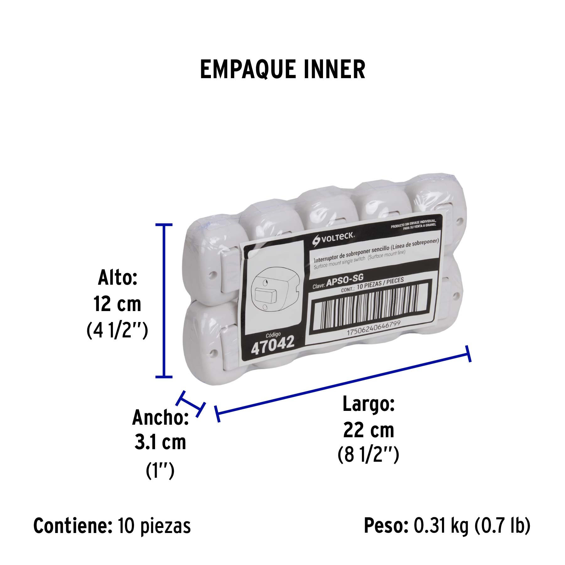 Interruptor de sobreponer sencillo, a granel, VOLTECK - Empaque