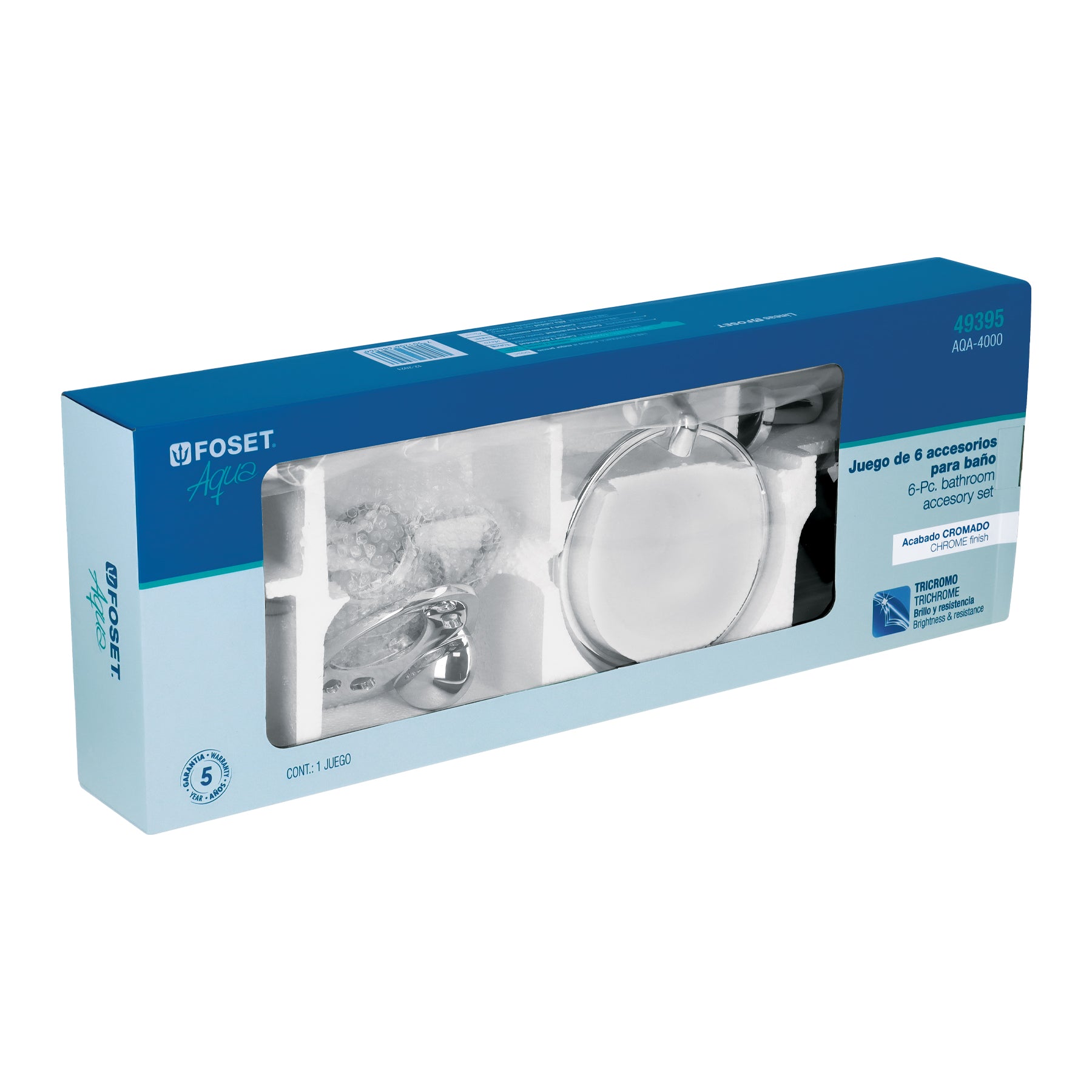 Juego de 6 accesorios para baño redondos, cromo, FOSET AQUA