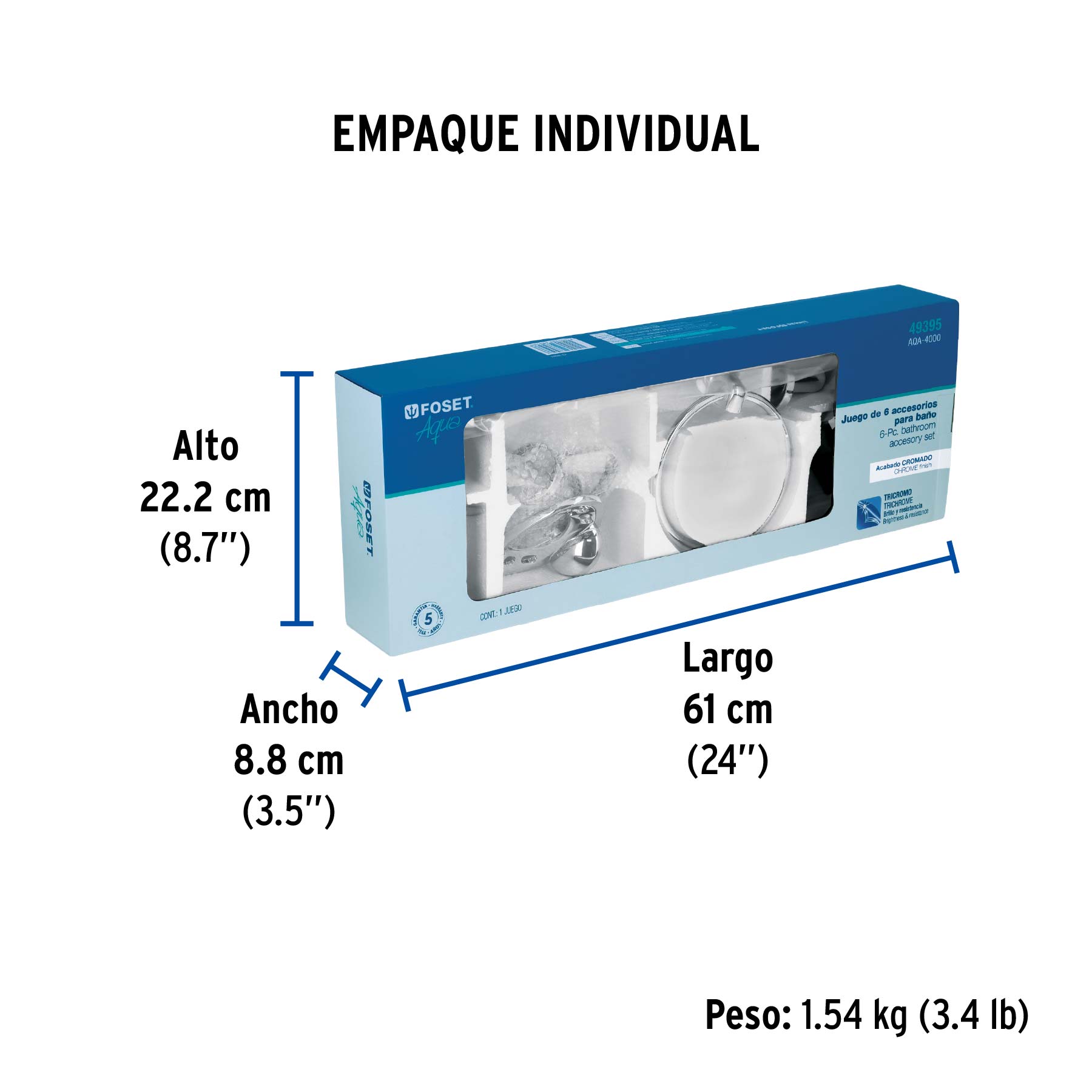Juego de 6 accesorios para baño redondos, cromo, FOSET AQUA - Empaque