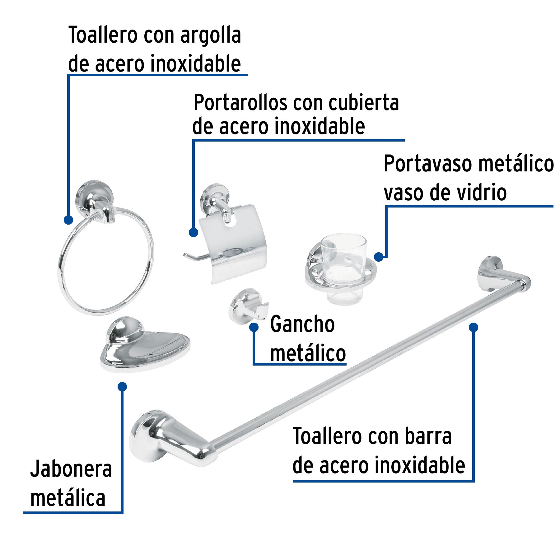 Juego de 6 accesorios para baño redondos, cromo, FOSET AQUA