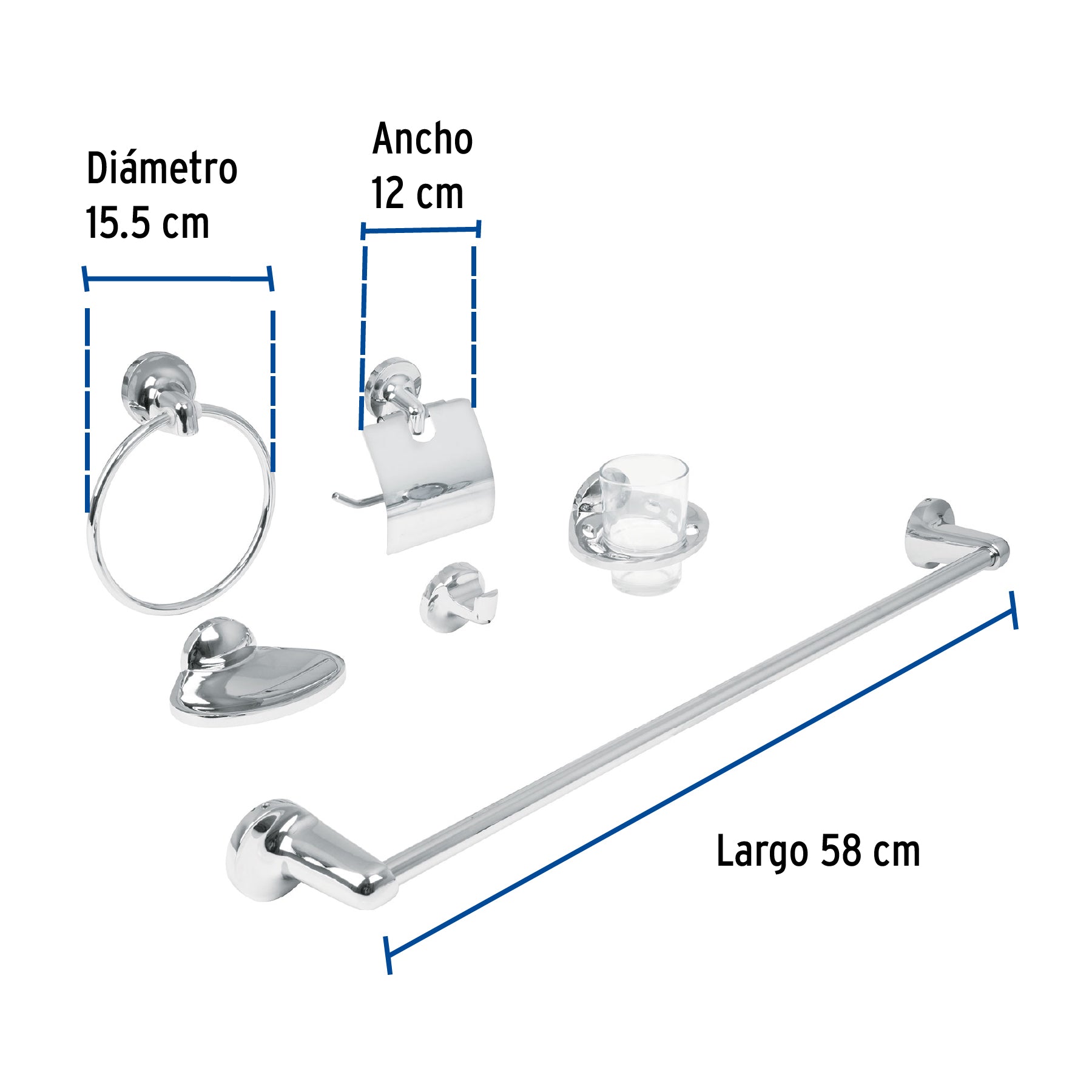 Juego de 6 accesorios para baño redondos, cromo, FOSET AQUA