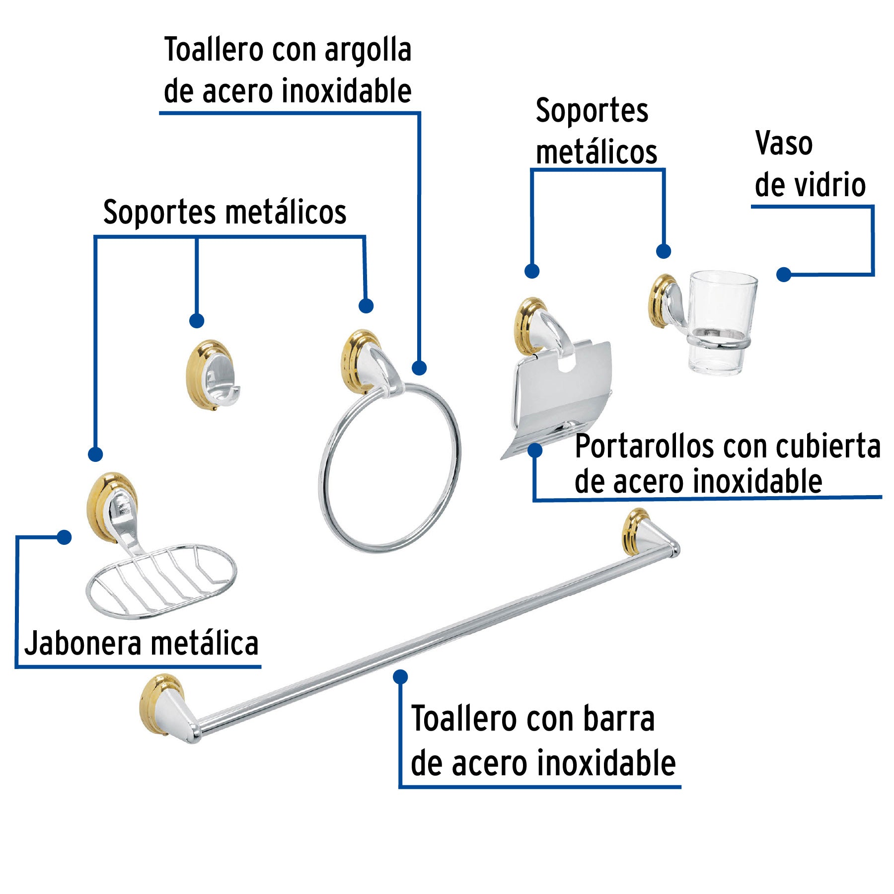 Juego de 6 accesorios para baño, cromo-oro, FOSET AQUA