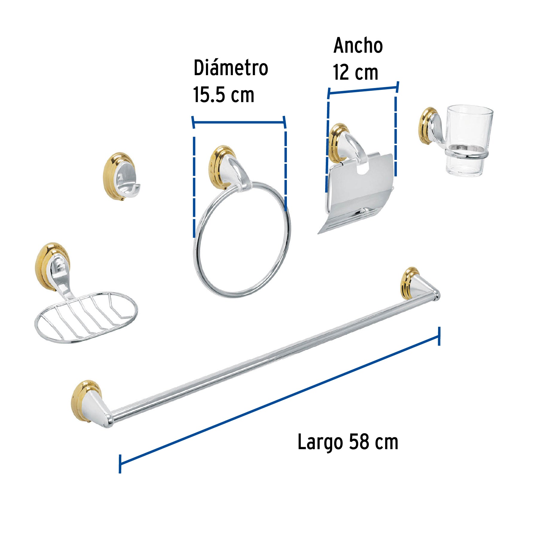 Juego de 6 accesorios para baño, cromo-oro, FOSET AQUA
