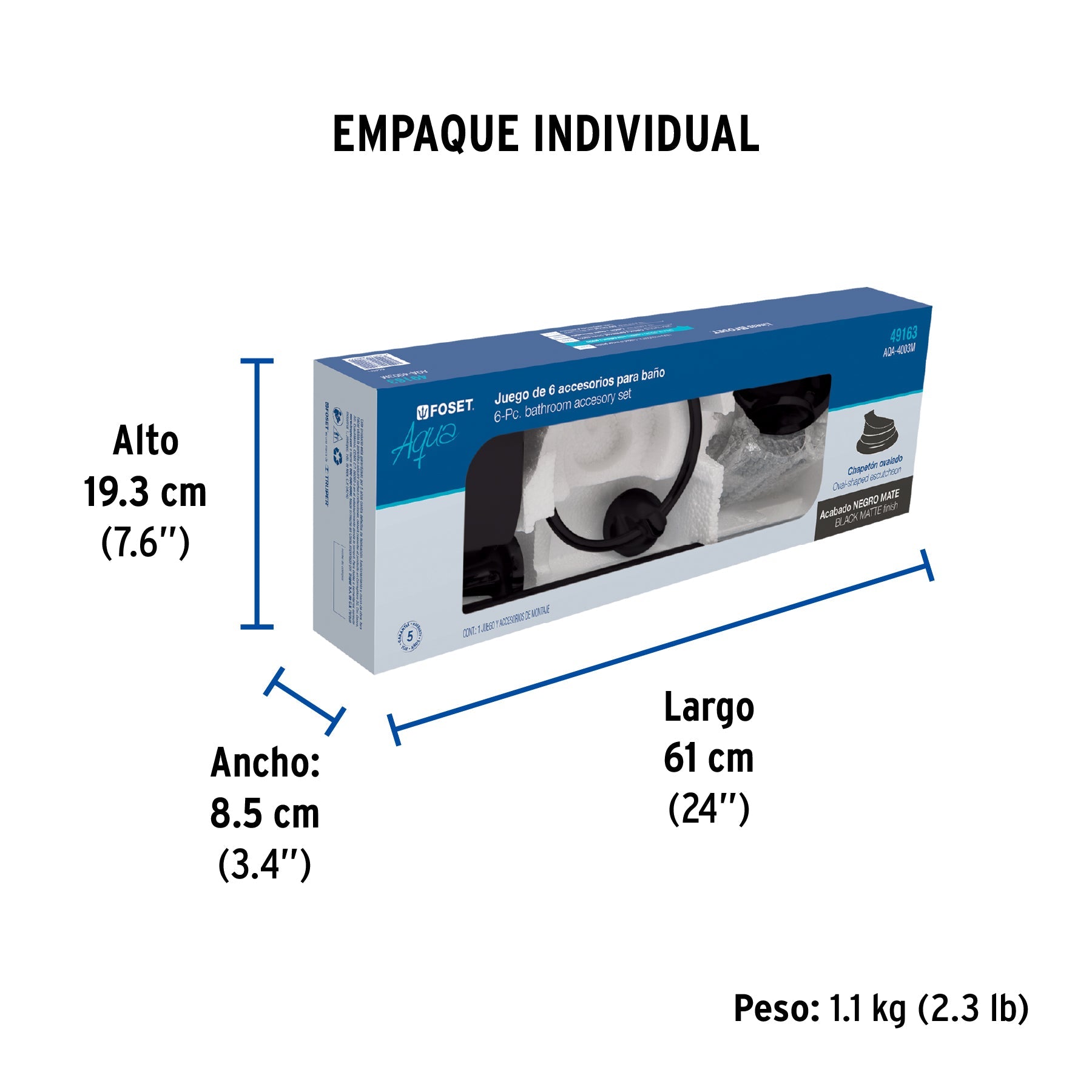 Juego de 6 accesorios para baño, negro, FOSET AQUA - Empaque